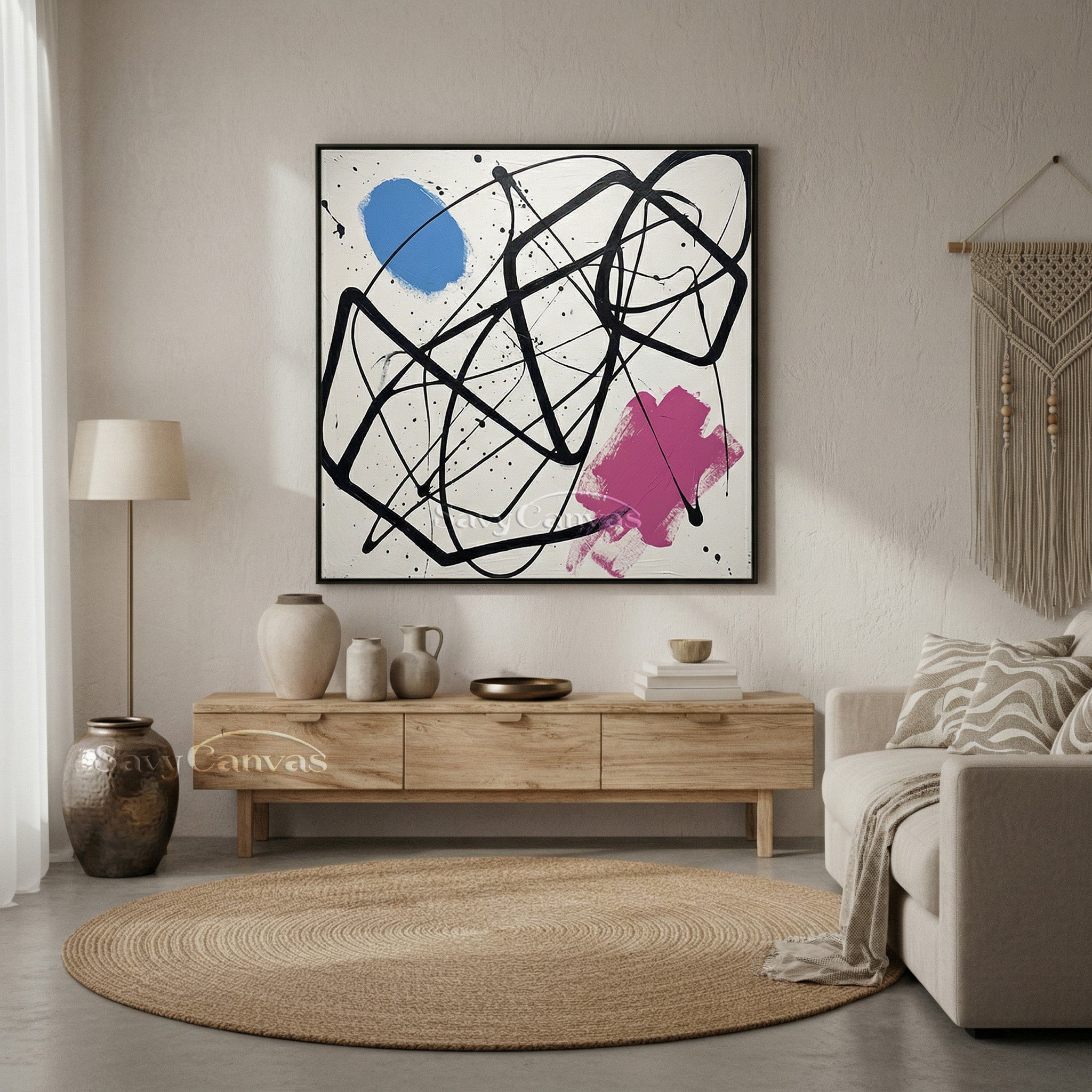 Minimalist Blue & Pink Abstract Art | Contemporary Hand-Painted Oil #JJ 460