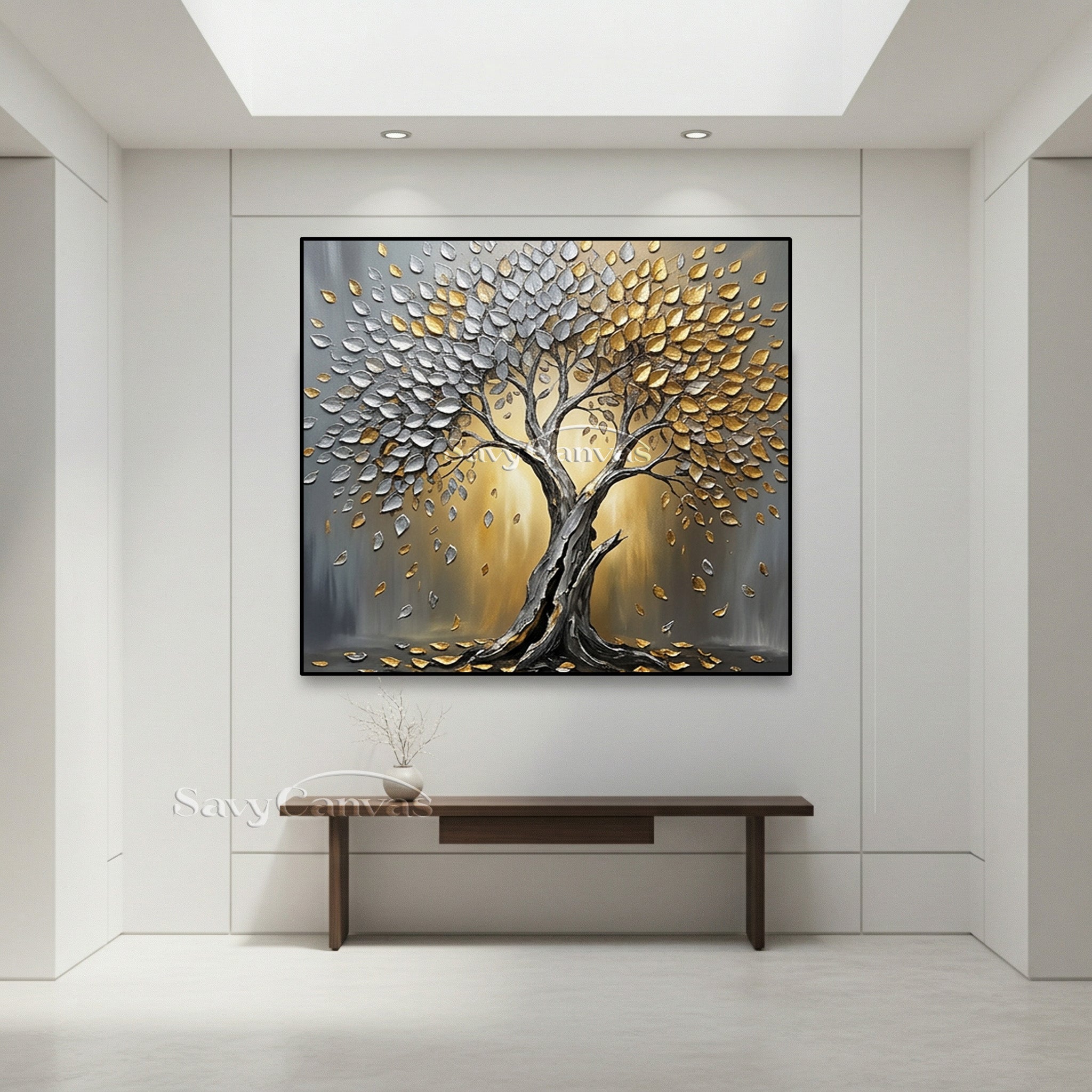 3D Textured Tree Painting | Gold & Silver Impasto Art #AA 542
