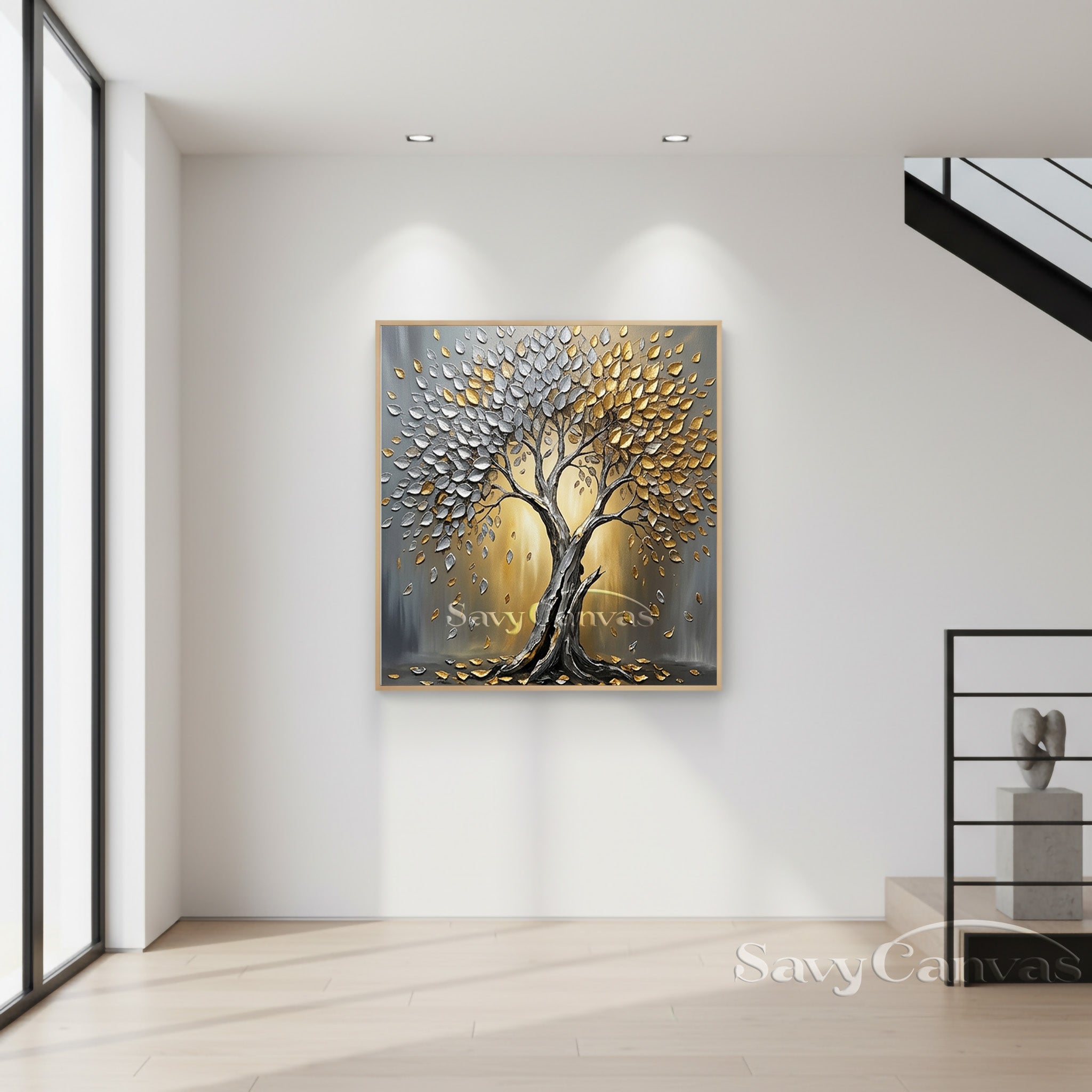3D Textured Tree Painting | Gold & Silver Impasto Art #AA 542