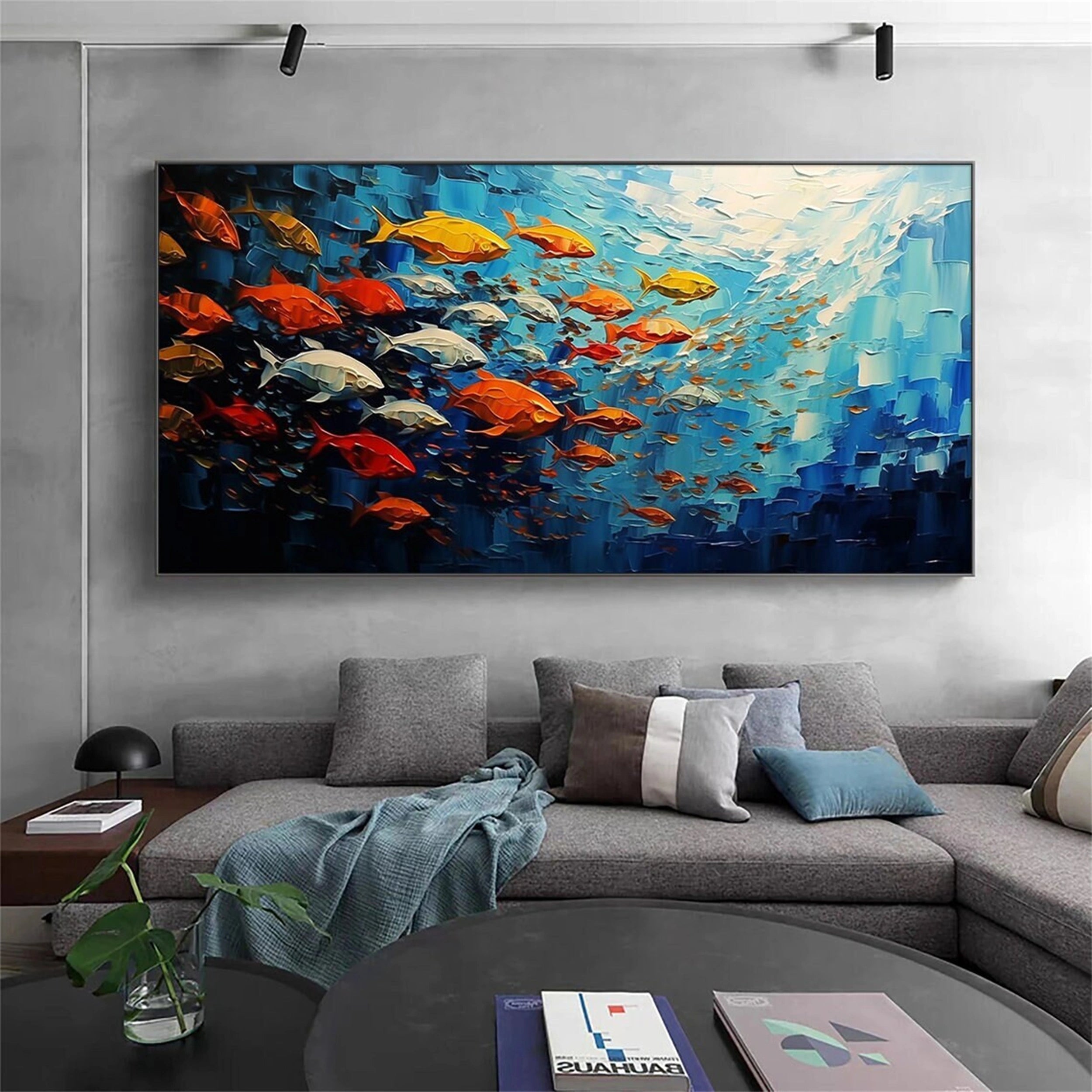 Large  Abstract Oil Painting Fish Wall Art - Ocean Painting #JJ 242