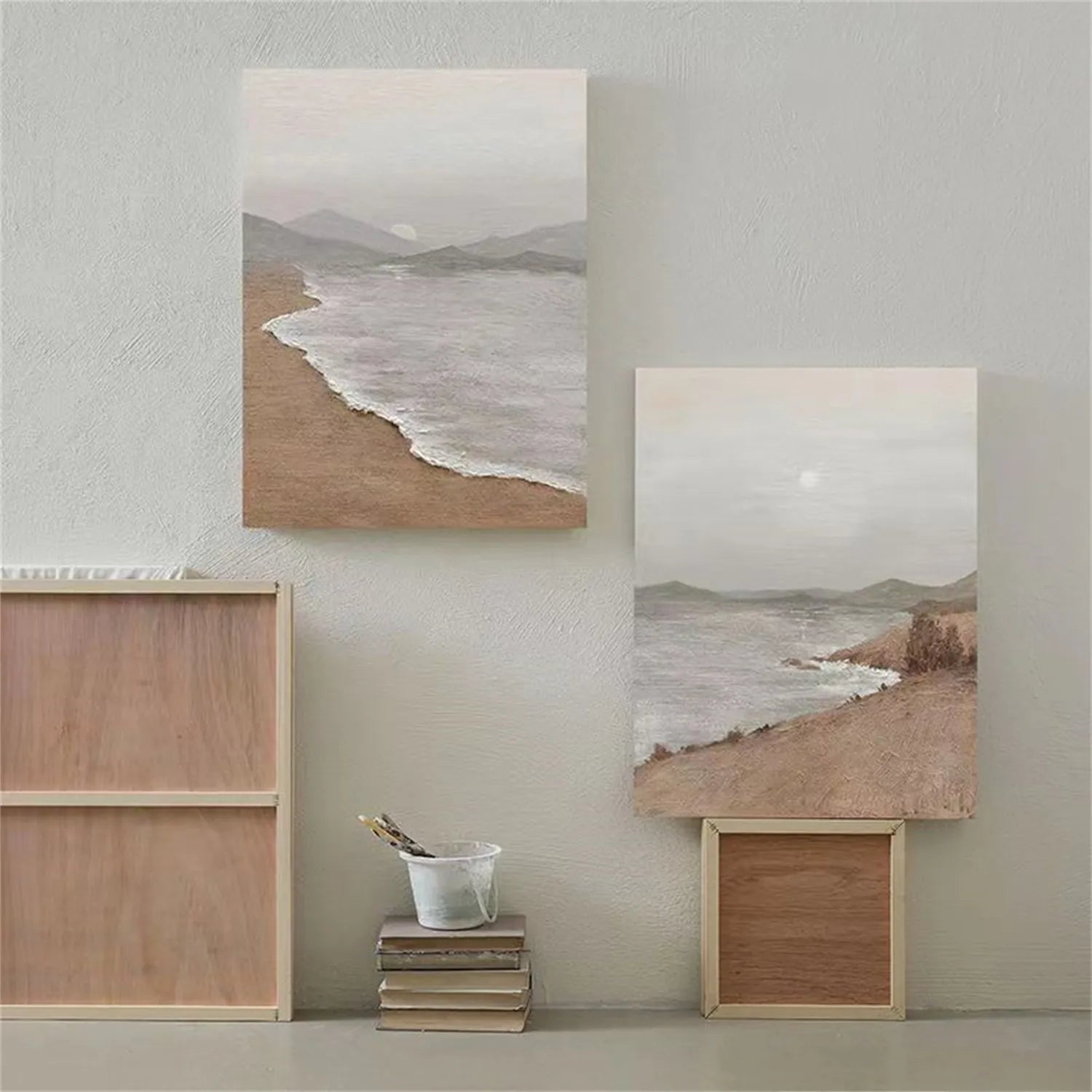 Large Neutral Abstract Wall Art Vertical Coastal Landscape Set of 2 #ZZ 084