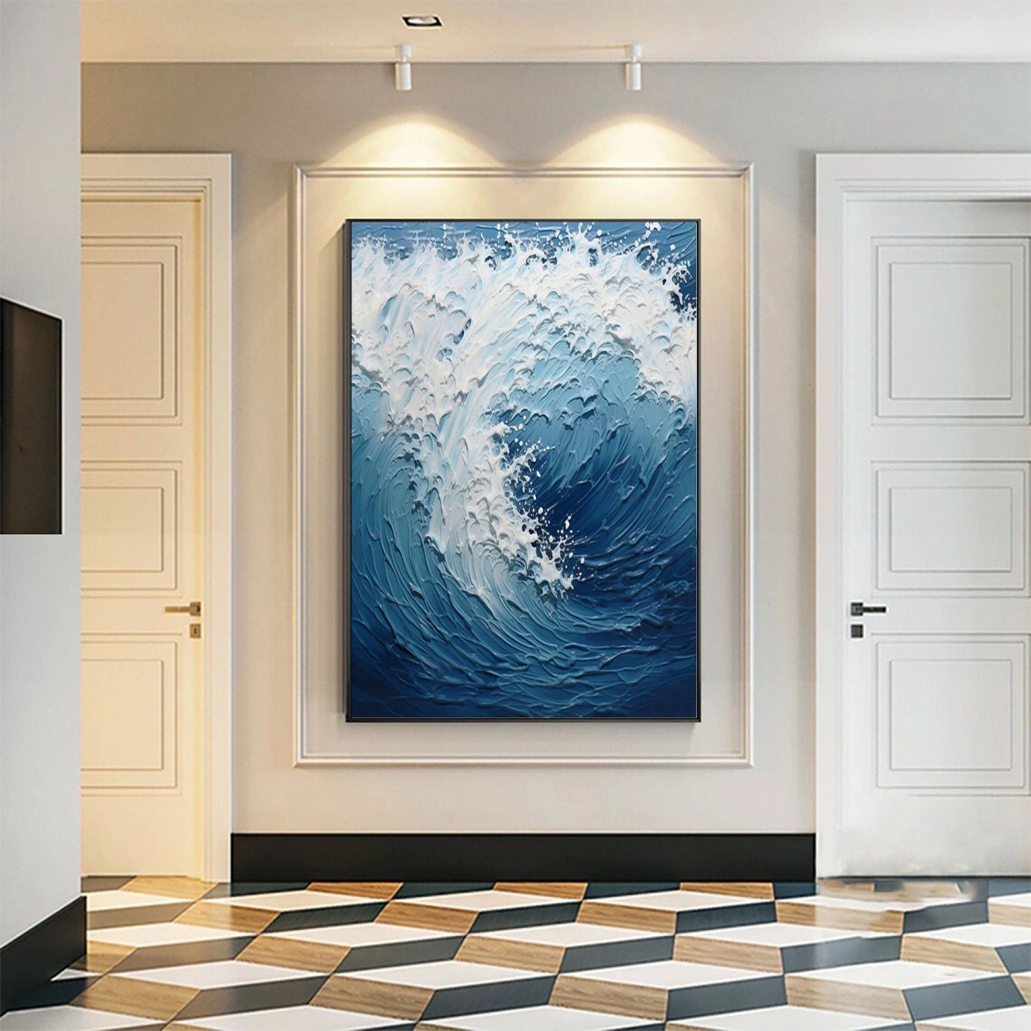 Dynamic Ocean Wave Textured Abstract - Blue and White Modern Oil Painting #JJ 117