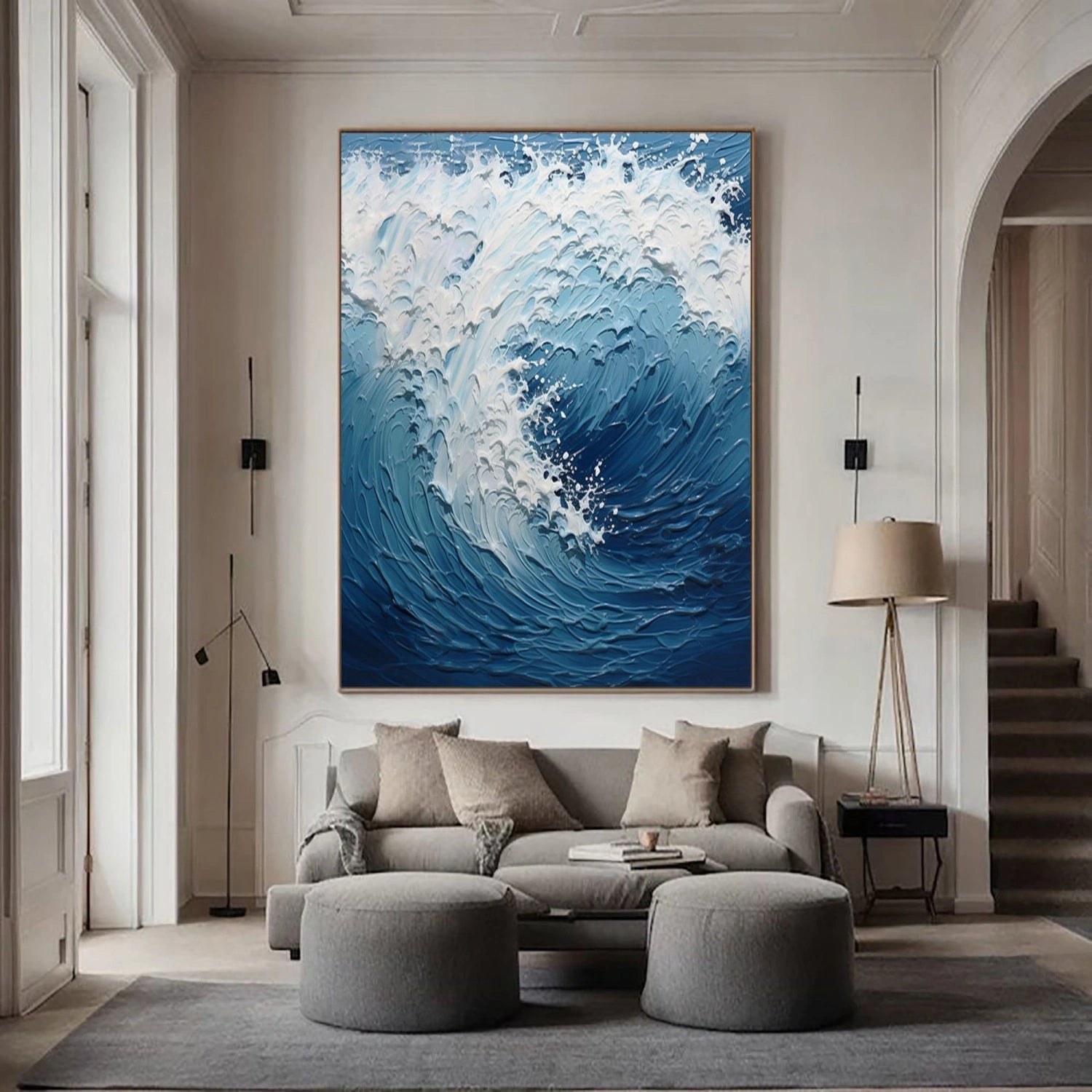 Dynamic Ocean Wave Textured Abstract - Blue and White Modern Oil Painting #JJ 117