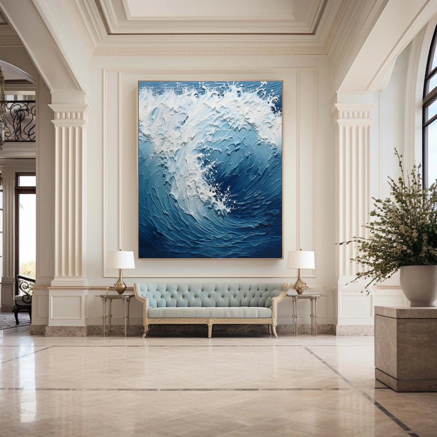 Dynamic Ocean Wave Textured Abstract - Blue and White Modern Oil Painting #JJ 117