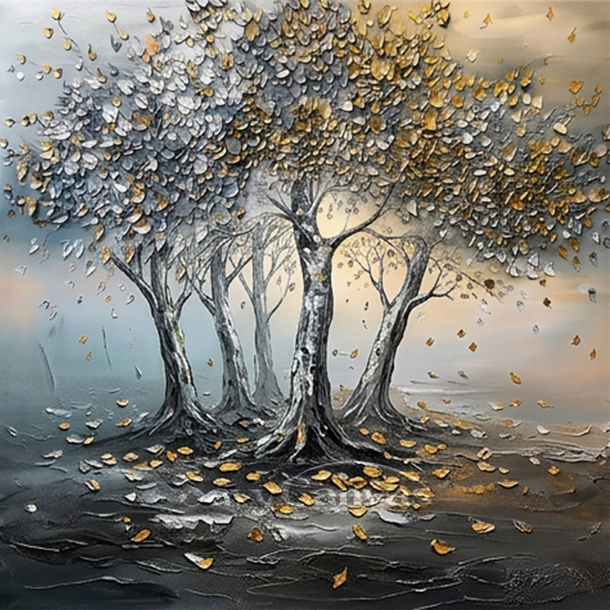 Hand-Painted 3D Tree Art | Gold & Silver Leaf Canvas