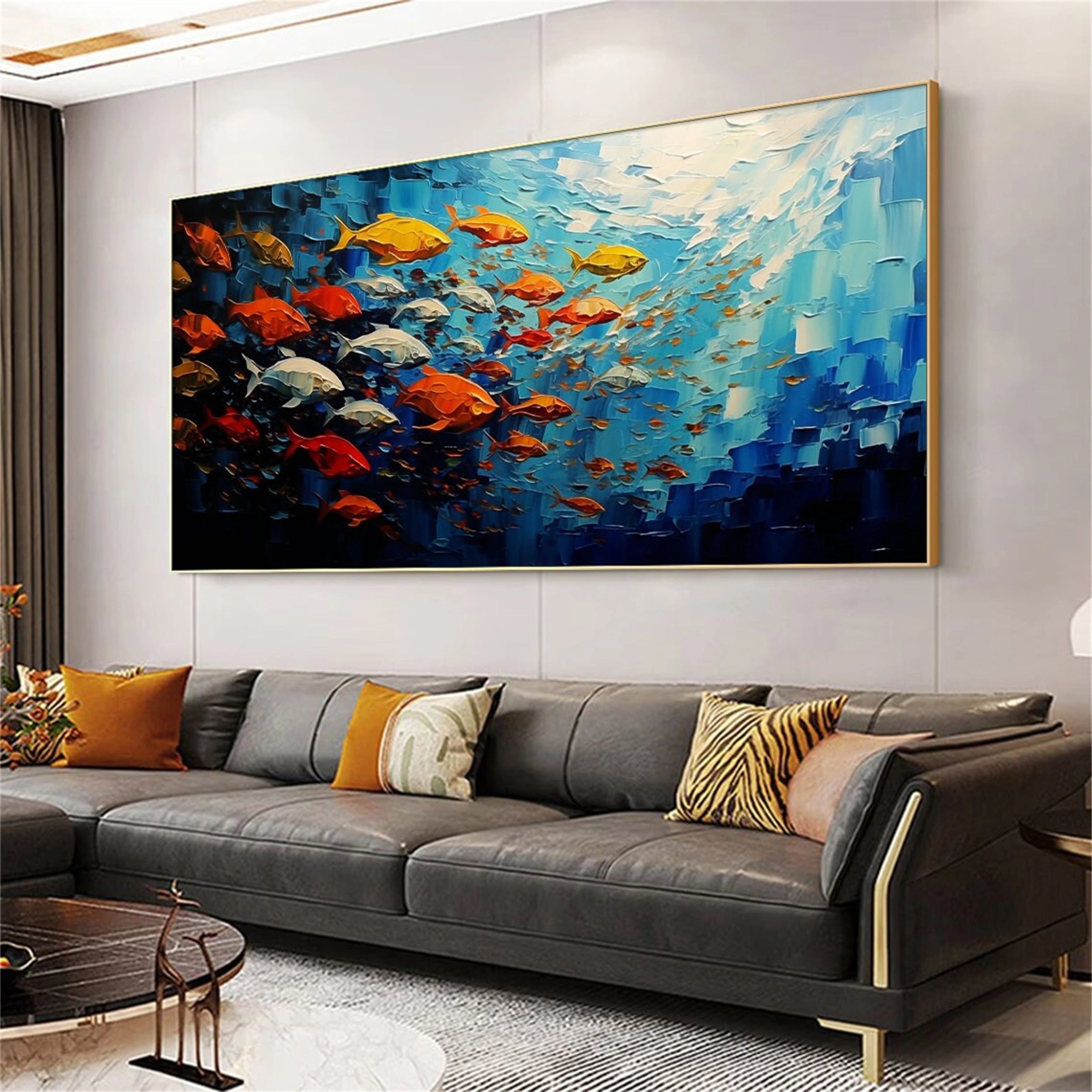 Large  Abstract Oil Painting Fish Wall Art - Ocean Painting #JJ 242