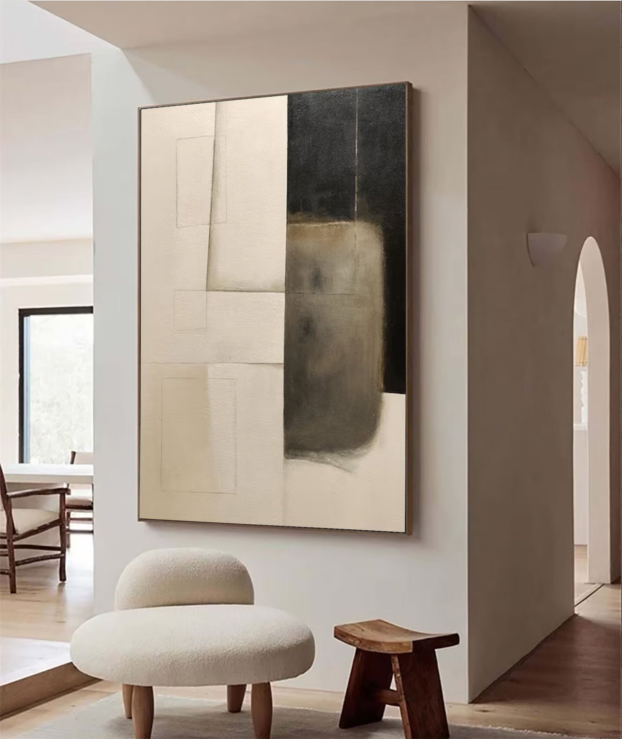 Minimalist Abstract Oil Painting - Beige Black Geometric Canvas Art #JJ 001