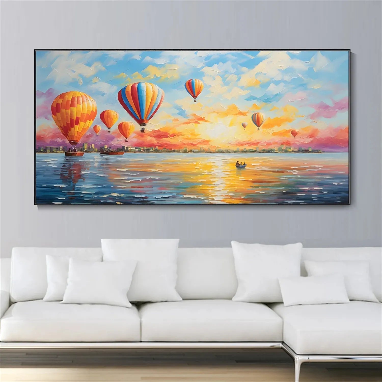Colorful Hot Air Balloon Sunrise Seascape Oil Painting #JJ 193