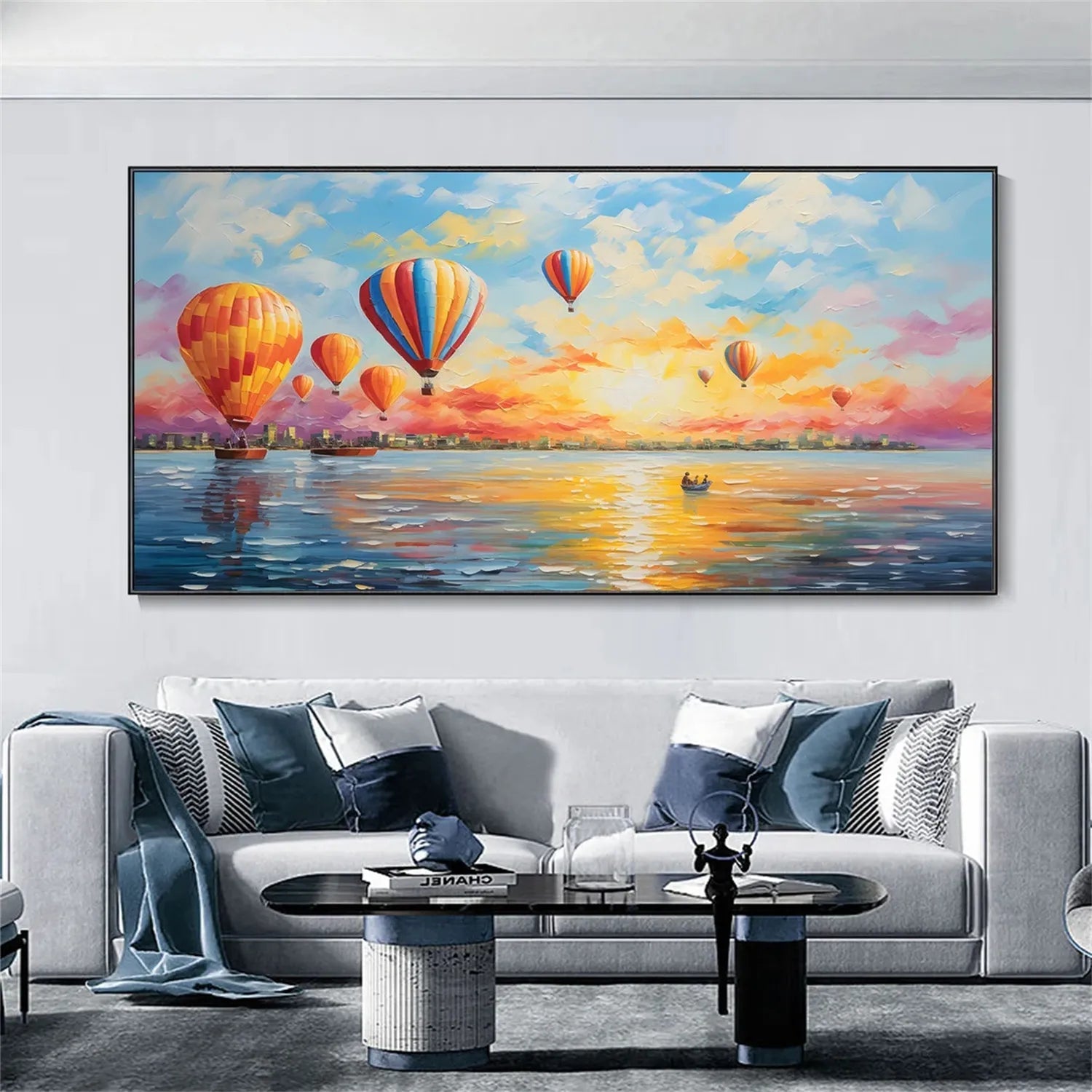 Colorful Hot Air Balloon Sunrise Seascape Oil Painting #JJ 193