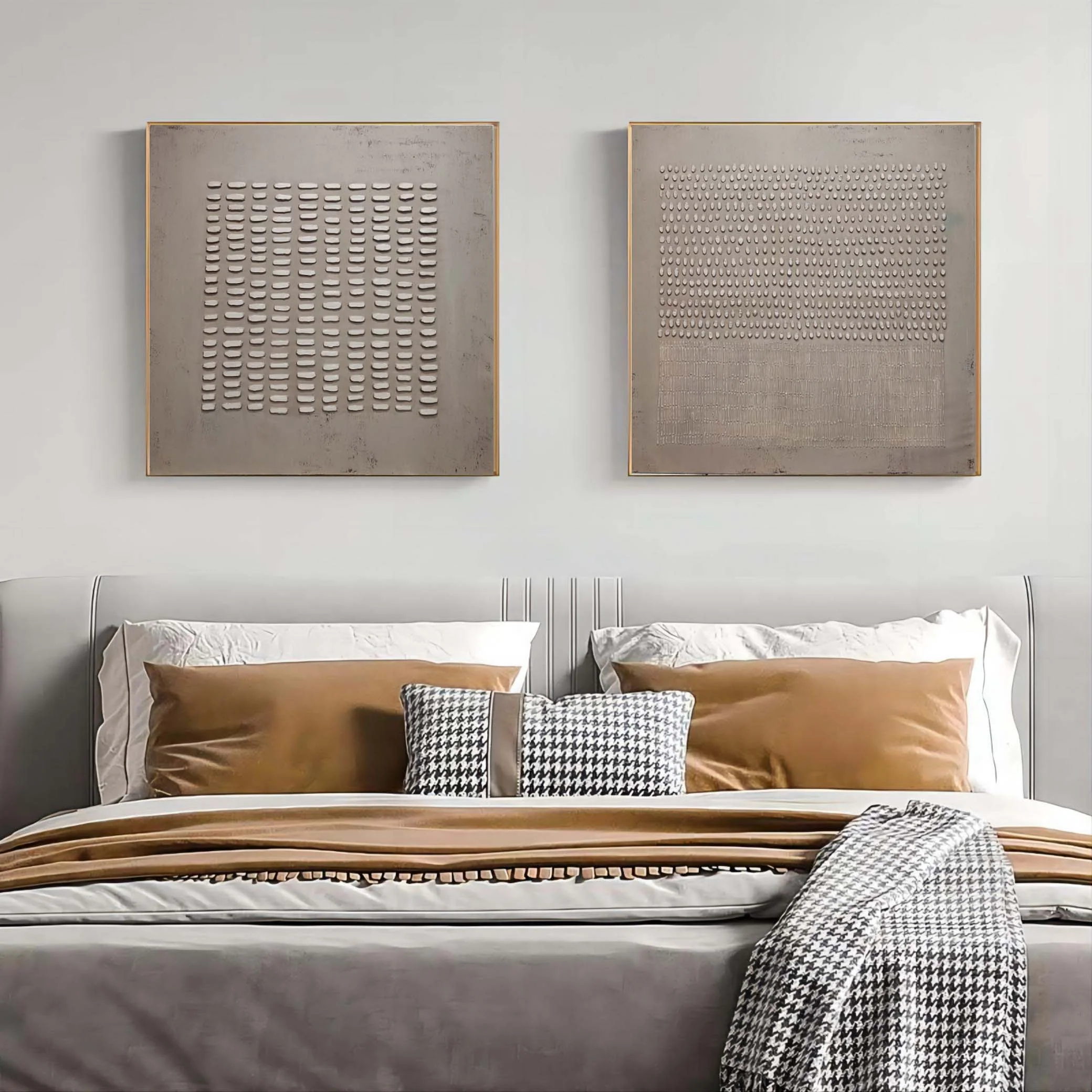 3D Geometric Textured Art | Neutral Beige & Grey Diptych