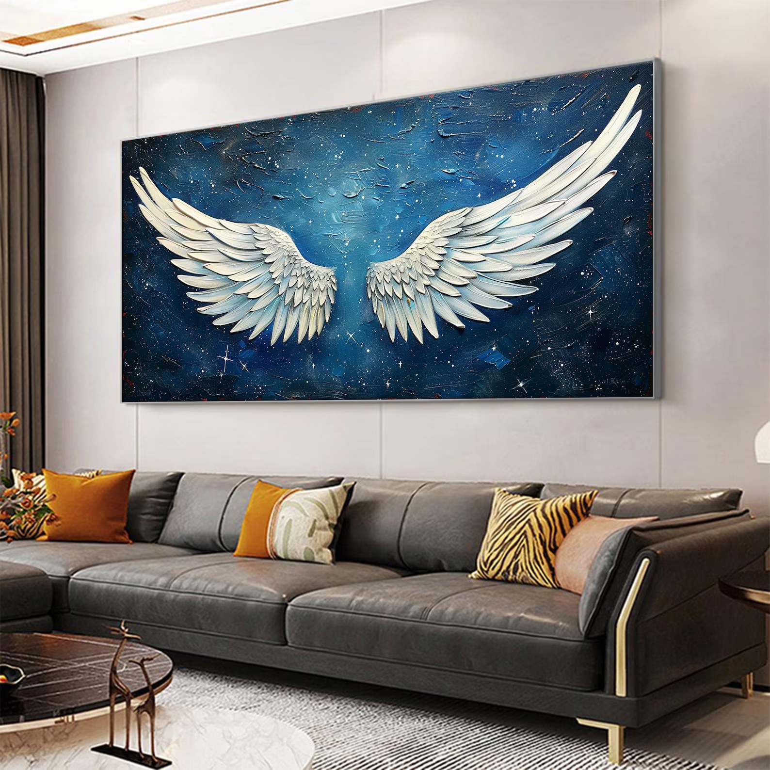 Angel Wings Painting on Blue | Large Textured Celestial Wall Art #ZZ 005