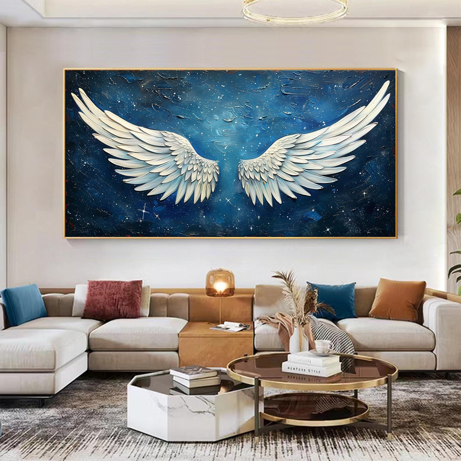 Angel Wings Painting on Blue | Large Textured Celestial Wall Art #ZZ 005