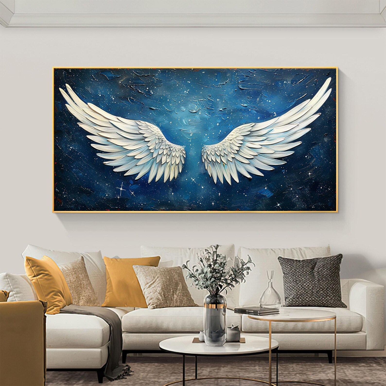 Textured White Angel Wings Art | Deep Blue Background Painting