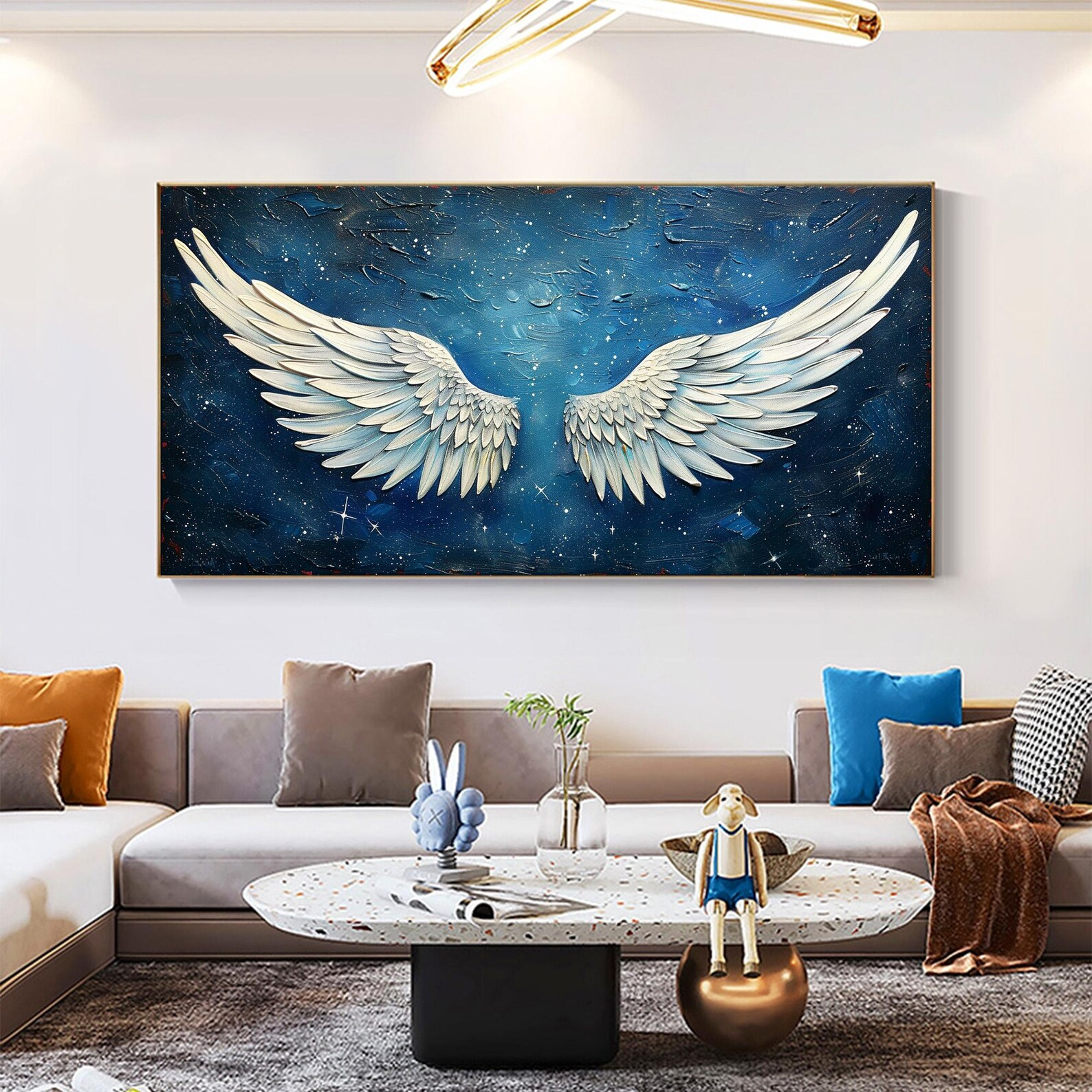 Angel Wings Painting on Blue | Large Textured Celestial Wall Art #ZZ 005