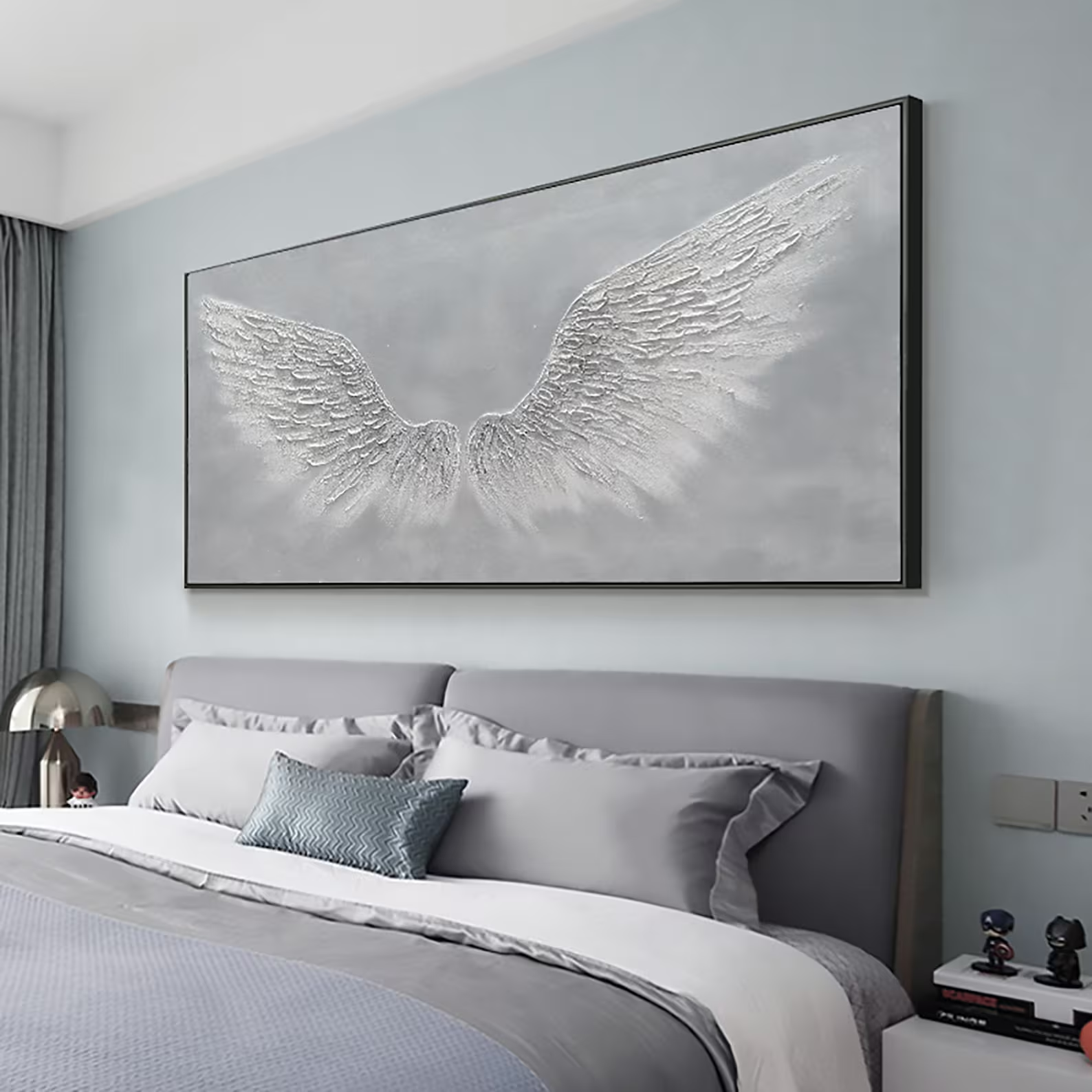 White Angel Wings Oil Painting | Large Grey & White Wall Art #ZZ 008