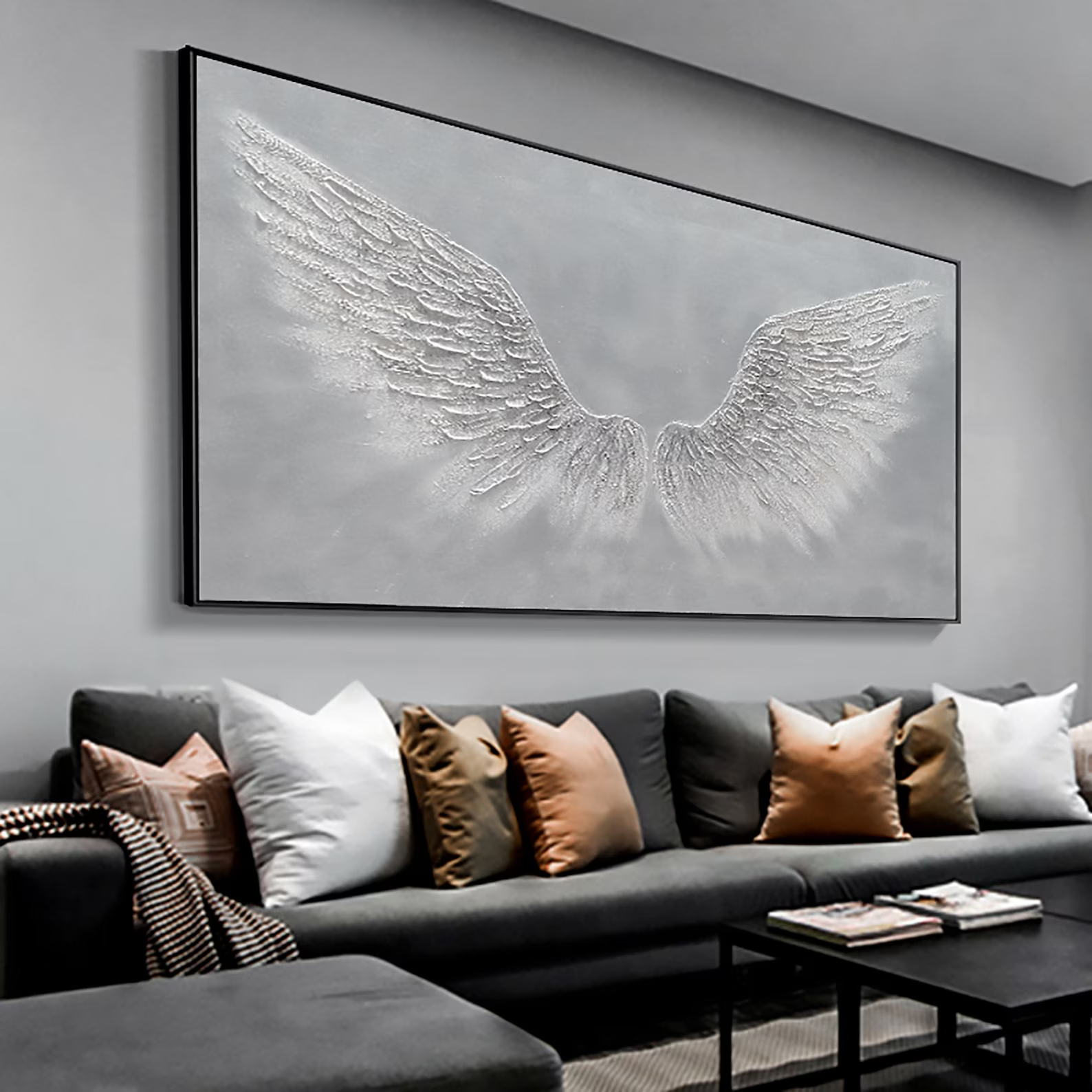 White Angel Wings Oil Painting | Large Grey & White Wall Art #ZZ 008