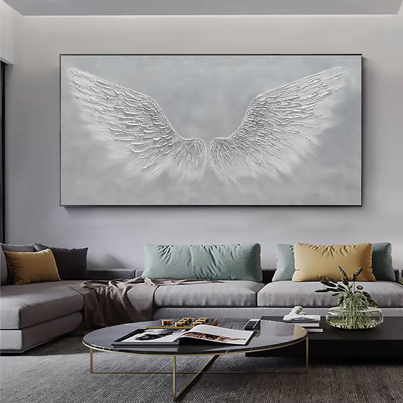 White Angel Wings Oil Painting | Large Grey & White Wall Art #ZZ 008