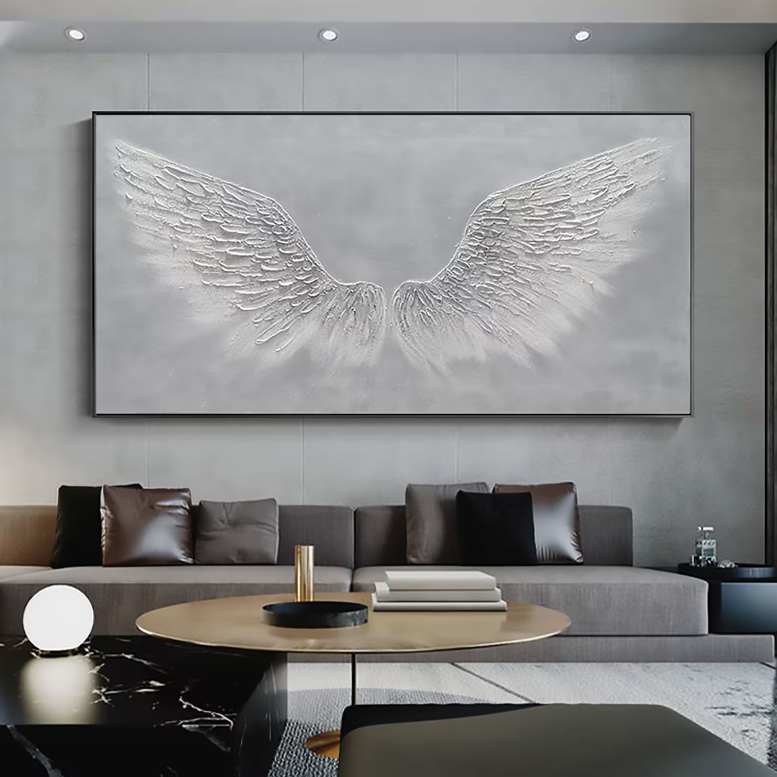 White Angel Wings Oil Painting | Large Grey & White Wall Art #ZZ 008