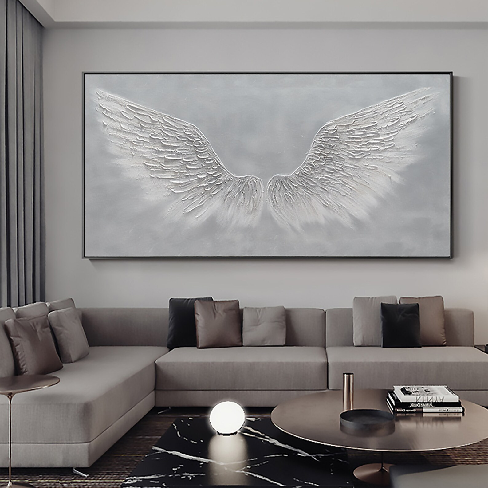 White Angel Wings Oil Painting | Large Grey & White Wall Art #ZZ 008
