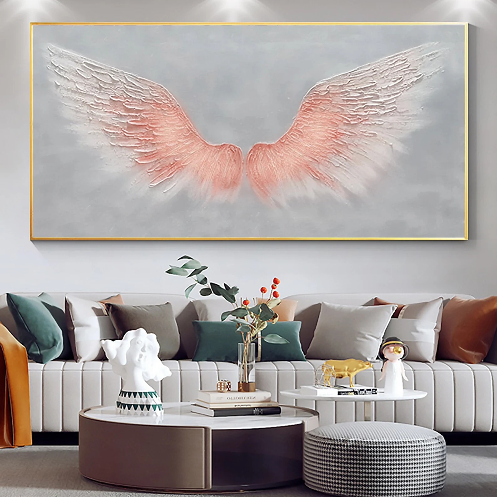 Handmade Ethereal Pink Wings | Large Textured Grey & Pink Art