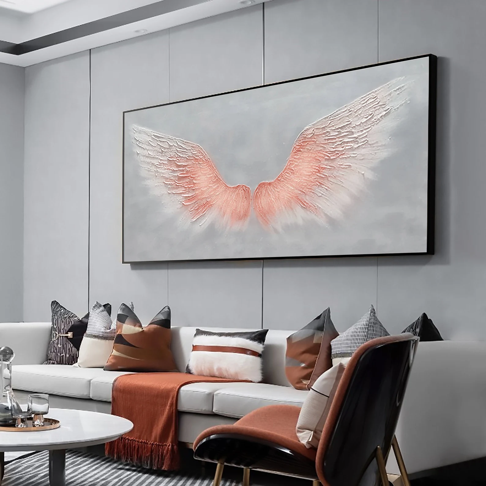 Original Large Pink Wings Art | Textured Painting on Grey Canvas #ZZ 013