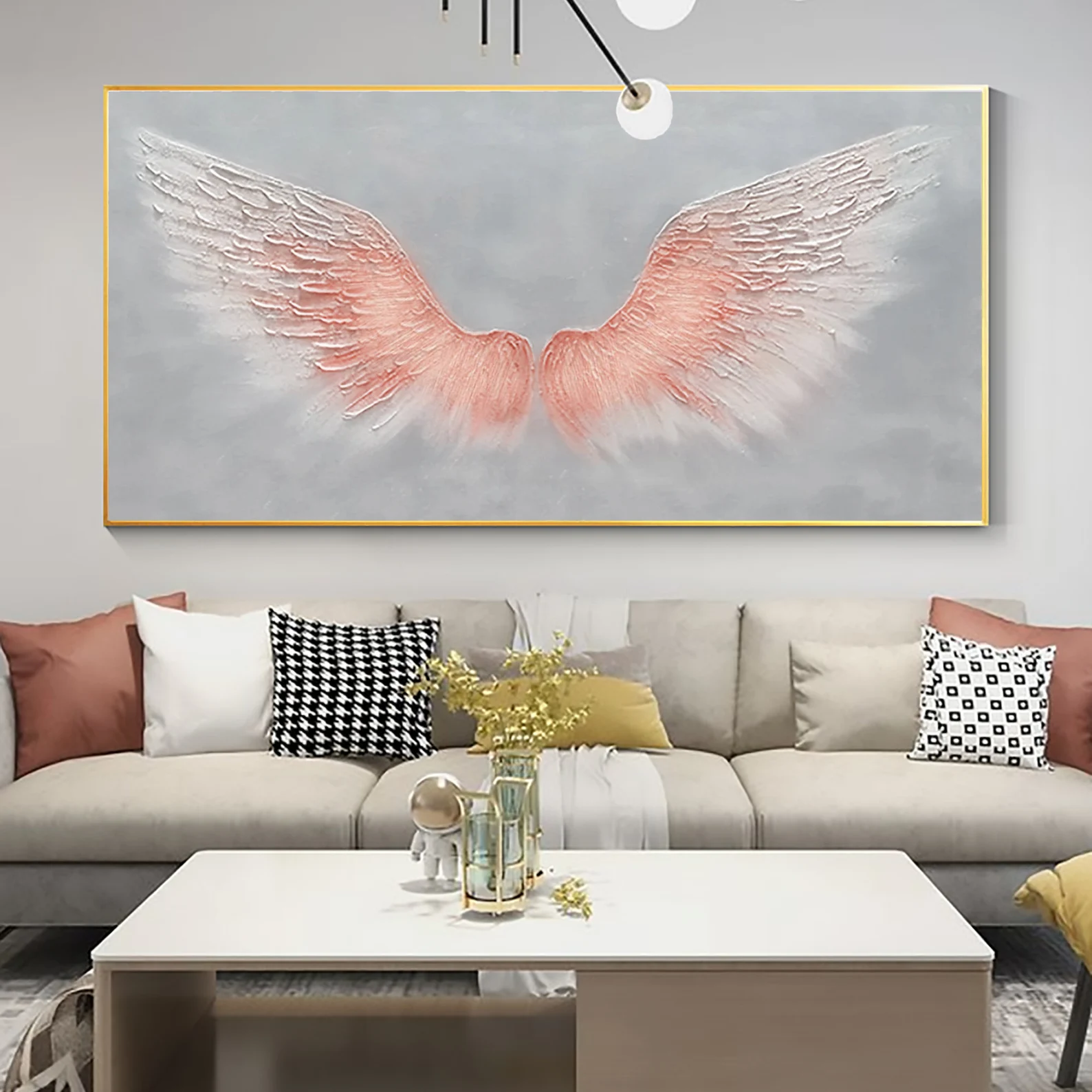 Original Large Pink Wings Art | Textured Painting on Grey Canvas #ZZ 013