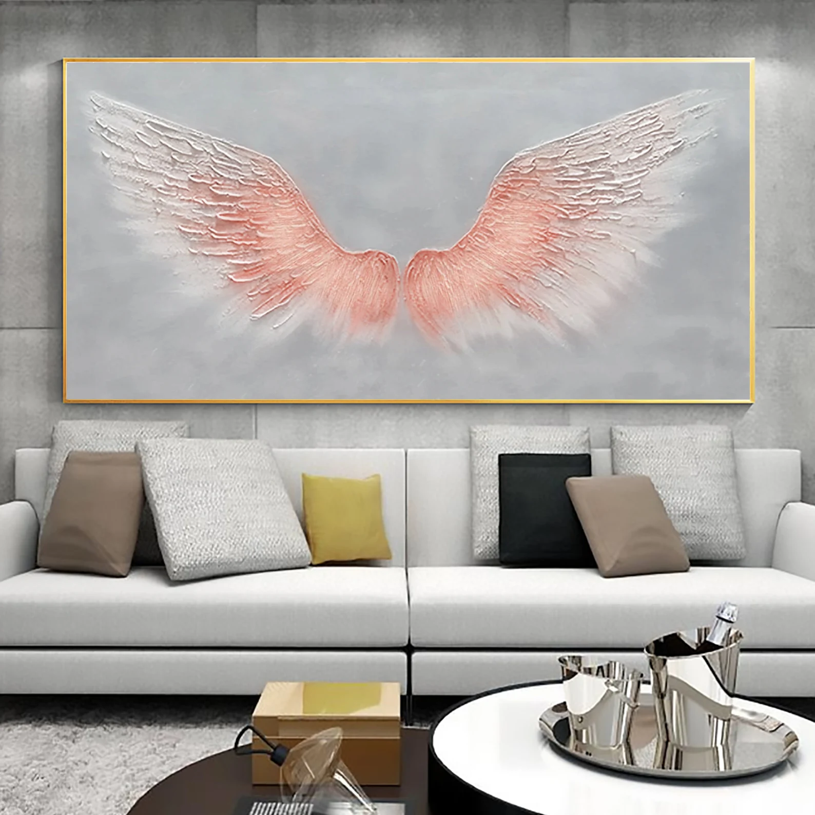 Original Large Pink Wings Art | Textured Painting on Grey Canvas #ZZ 013