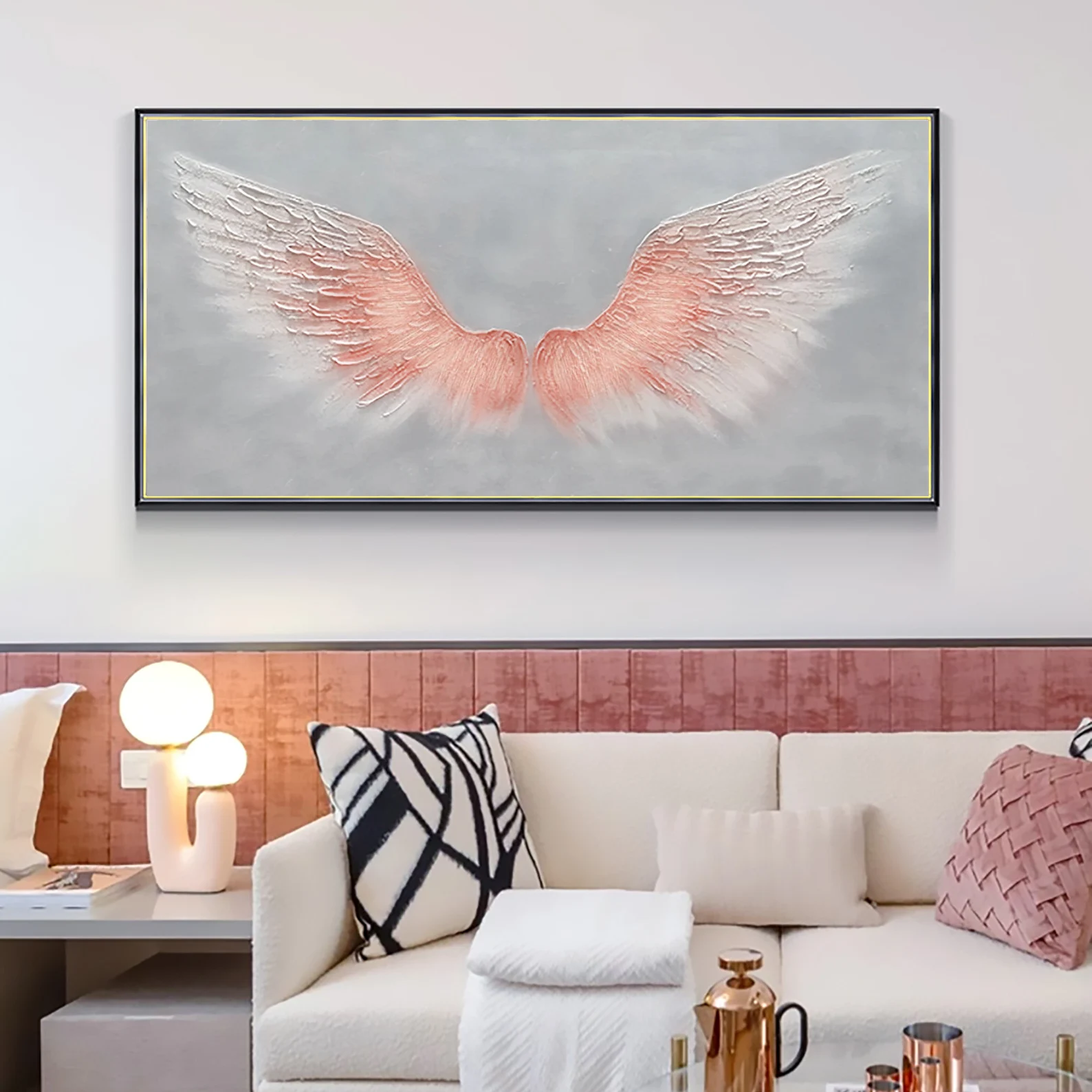 Original Large Pink Wings Art | Textured Painting on Grey Canvas #ZZ 013