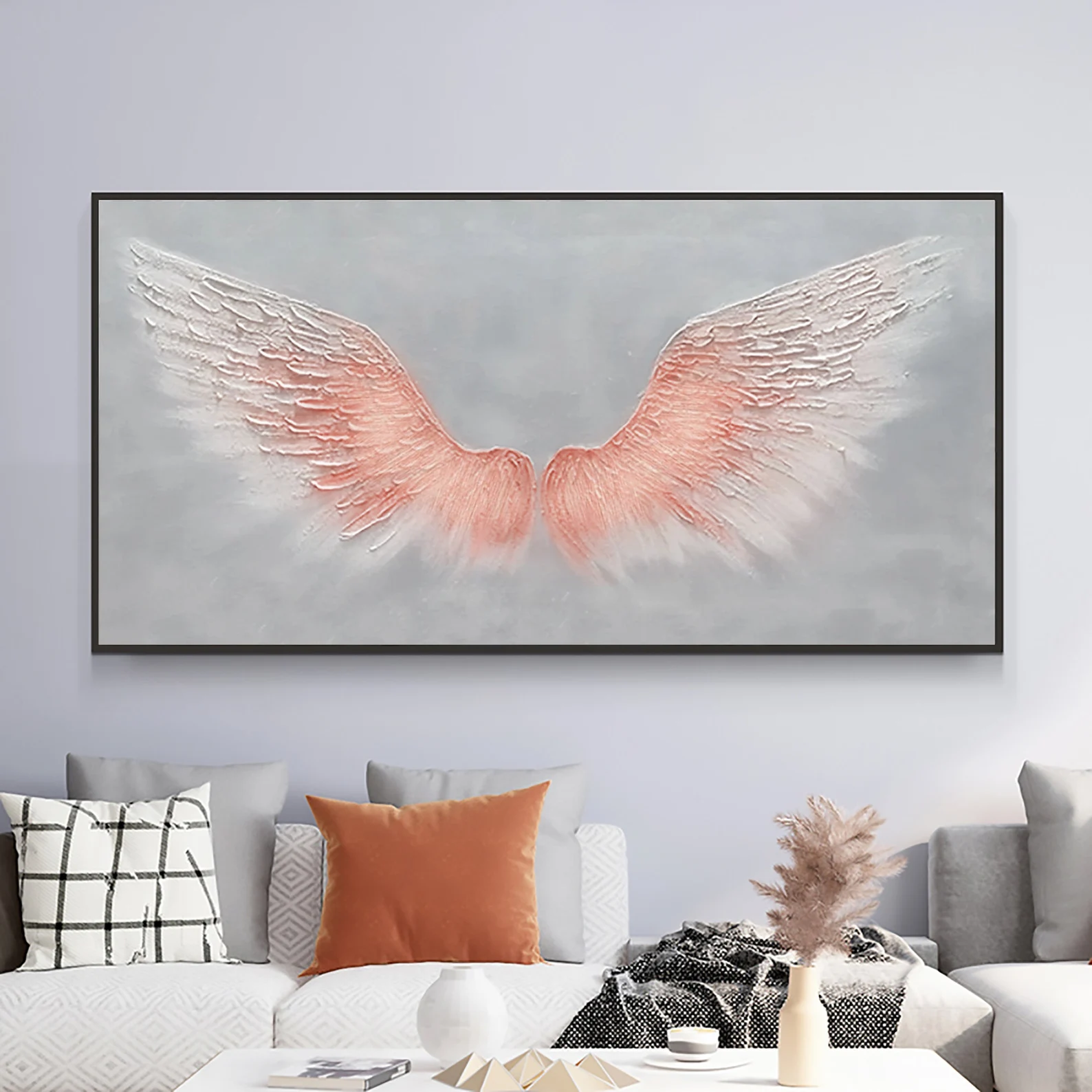 Original Large Pink Wings Art | Textured Painting on Grey Canvas #ZZ 013