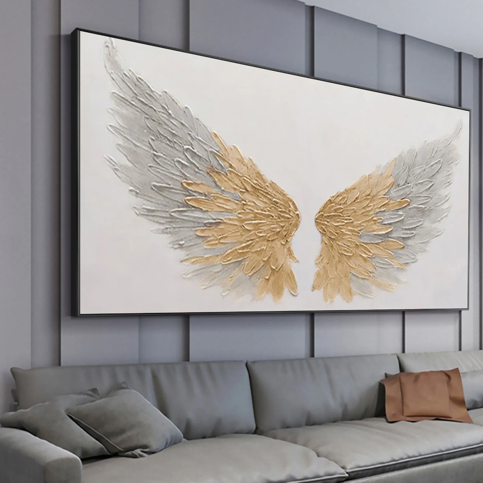 Gold & Gray Angel Wings Painting | Large Textured Wall Art #ZZ 014