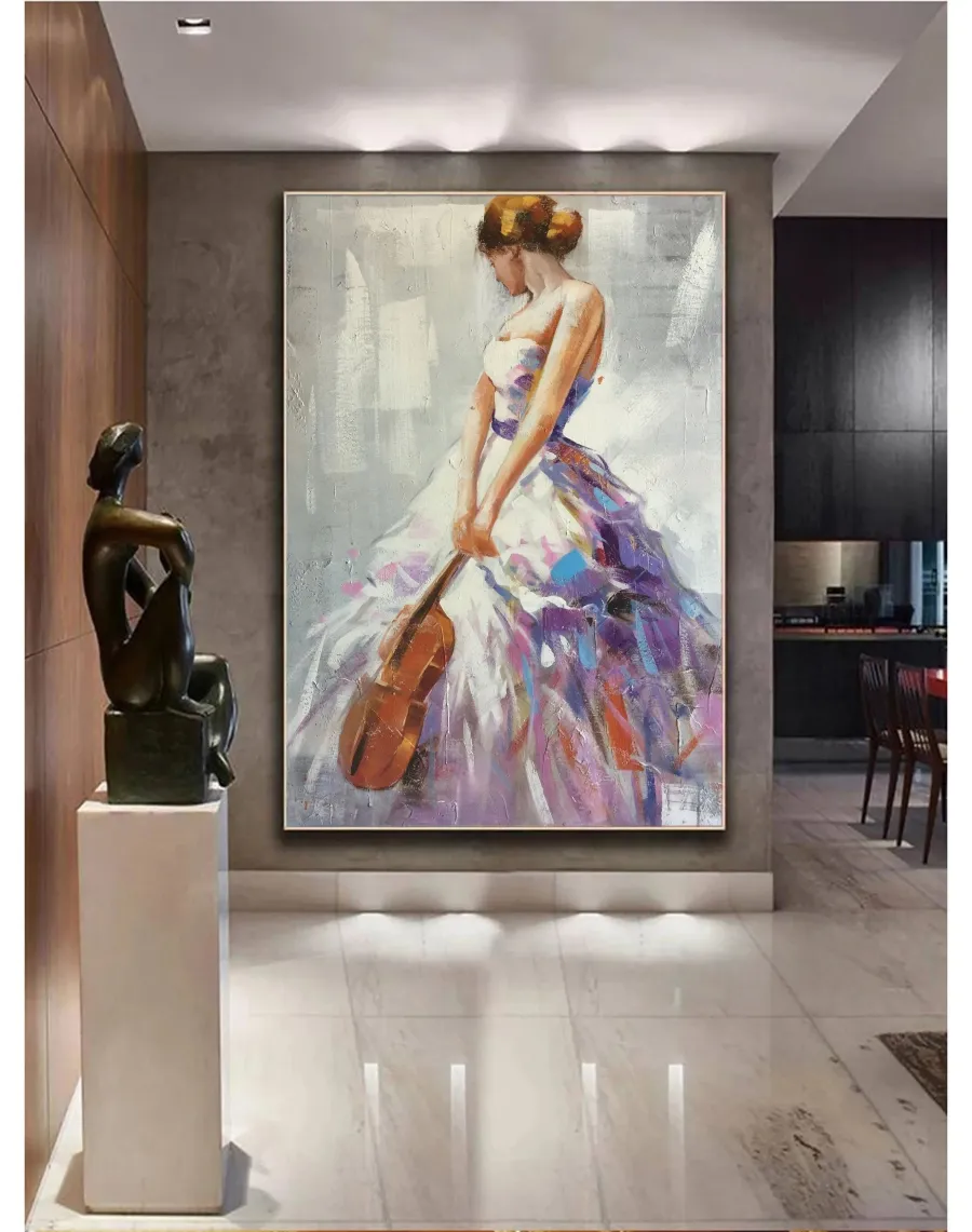 Large Contemporary Wall Art | Vertical Abstract Woman Violin Painting #ZZ 187
