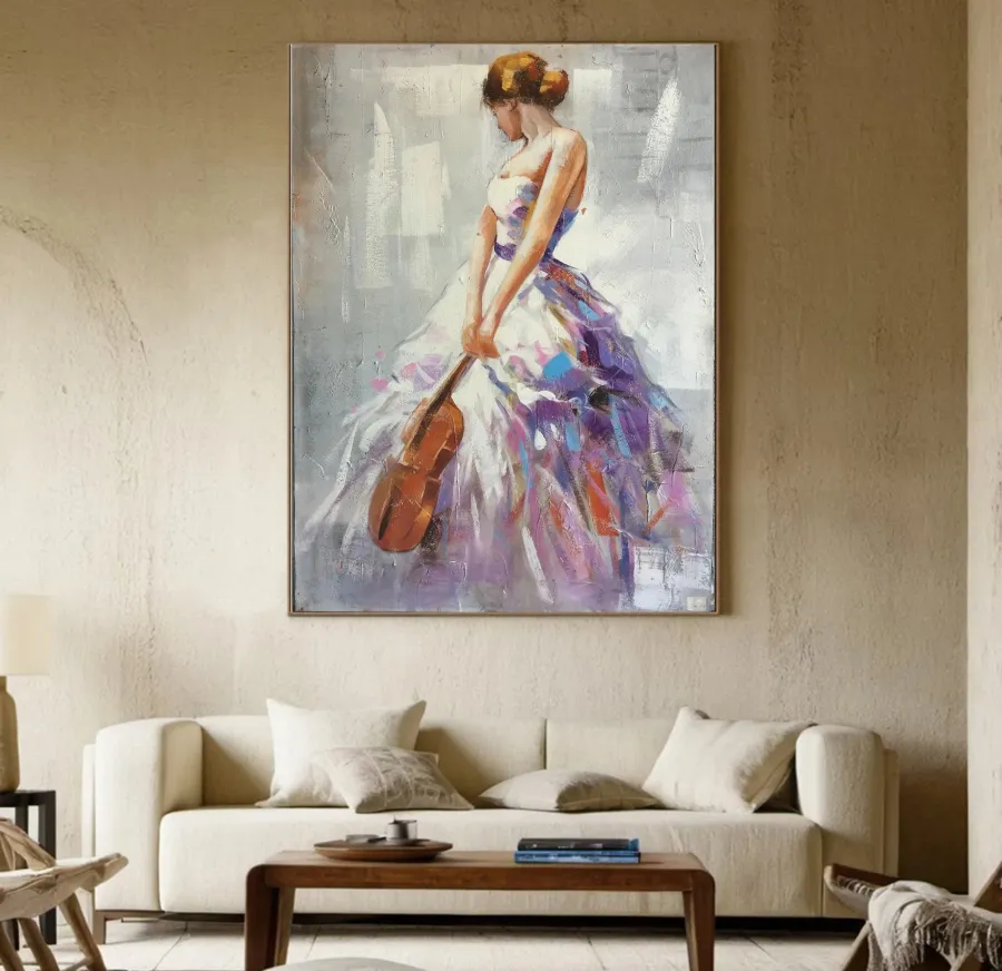 Abstract Woman with Violin Painting | Large Purple White Vertical Art