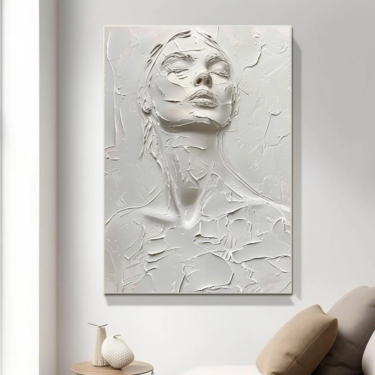 White Minimalist Textured Wall Art | Large Vertical Woman Face Painting #ZZ 194