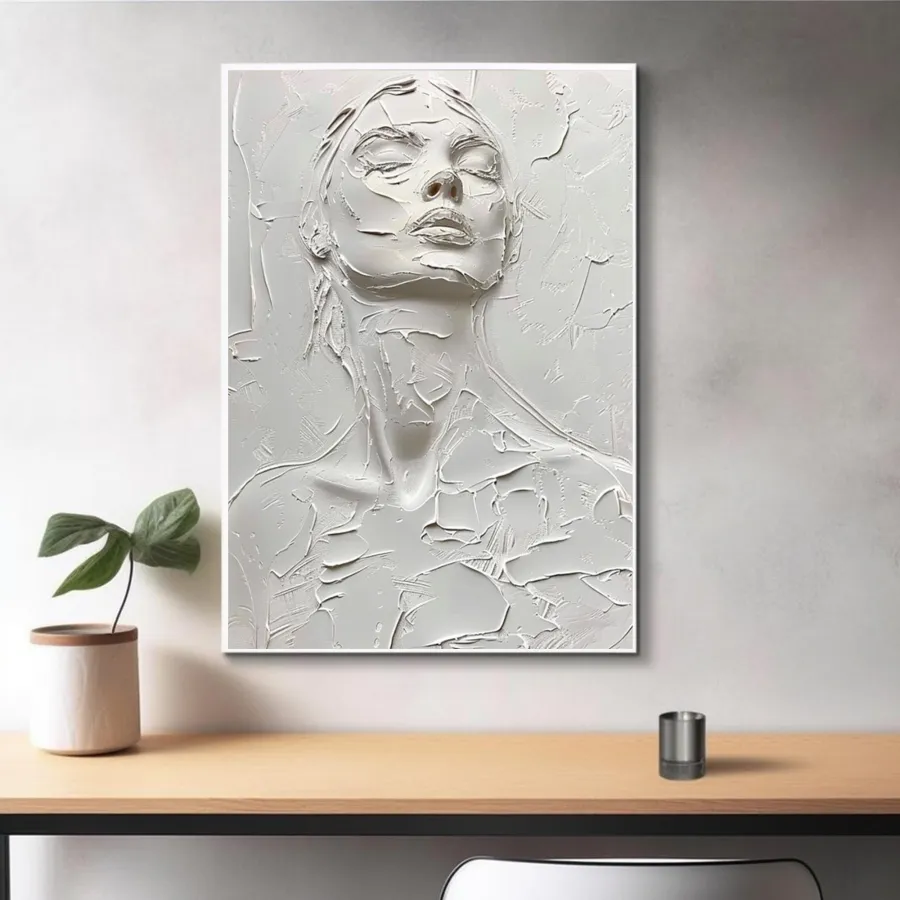 White Minimalist Textured Wall Art | Large Vertical Woman Face Painting #ZZ 194