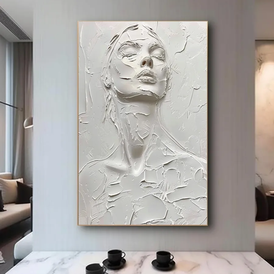 White Minimalist Textured Wall Art | Large Vertical Woman Face Painting #ZZ 194