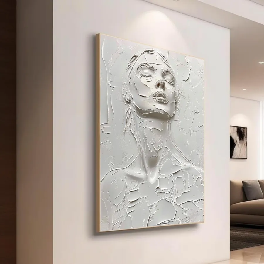 White Minimalist Textured Wall Art | Large Vertical Woman Face Painting #ZZ 194