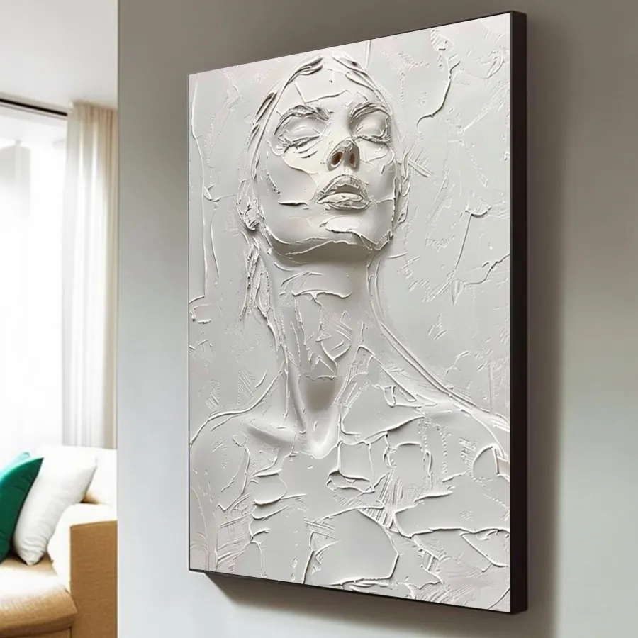 White Minimalist Textured Wall Art | Large Vertical Woman Face Painting #ZZ 194