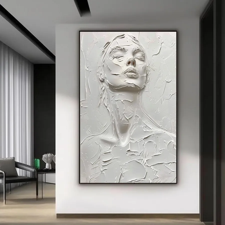 White Minimalist Textured Wall Art | Large Vertical Woman Face Painting #ZZ 194