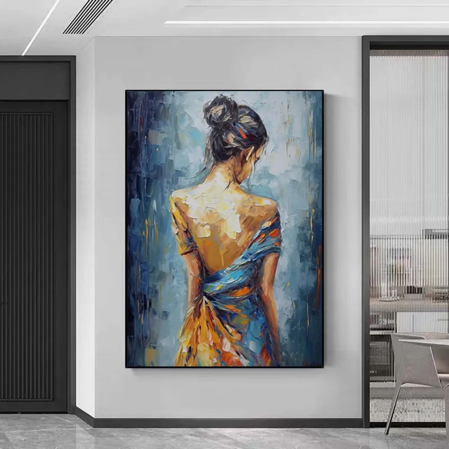 Large Vertical Wall Art | Abstract Woman in Dress Painting Blue Orange