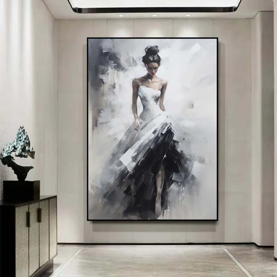 Oversized Vertical Wall Art | Abstract Woman Painting Black White Dress