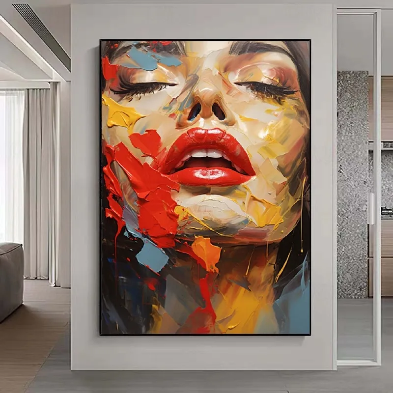 Large Contemporary Portrait Art | Vertical Abstract Face Red Lips Decor