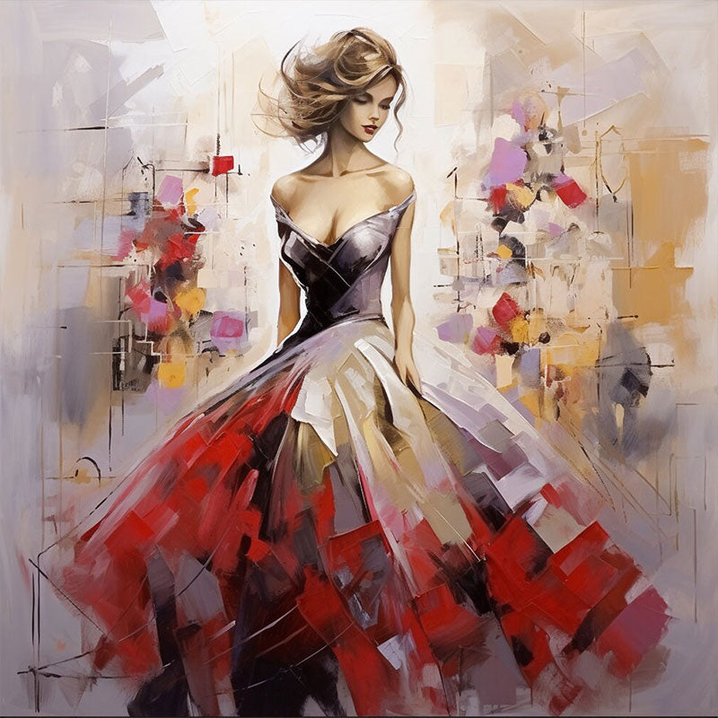 Oversized Square Wall Art | Abstract Painting Woman in Red Dress Decor #ZZ 176