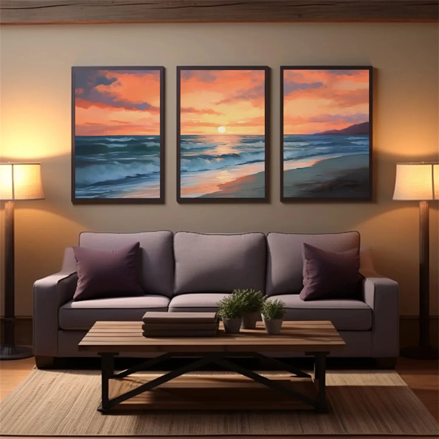 Handmade Sunset Seascape - Orange Blue Wall Art #JJ 206