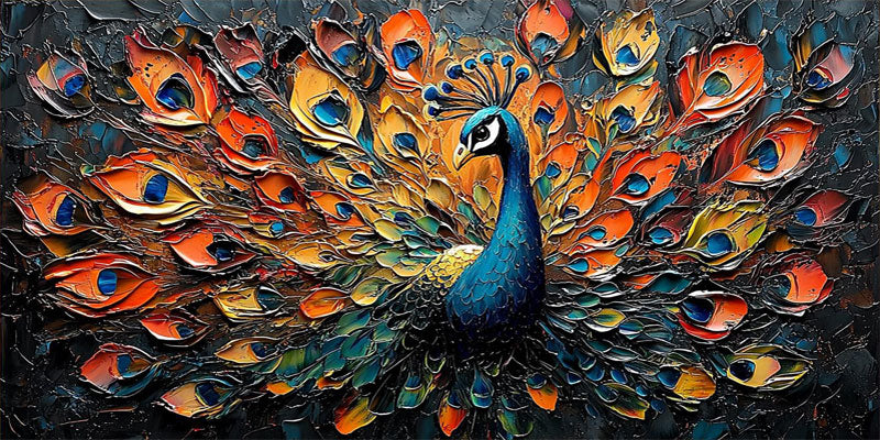 Large Textured Peacock Painting | Colorful Abstract Bird Wall Art Decor #ZZ 177