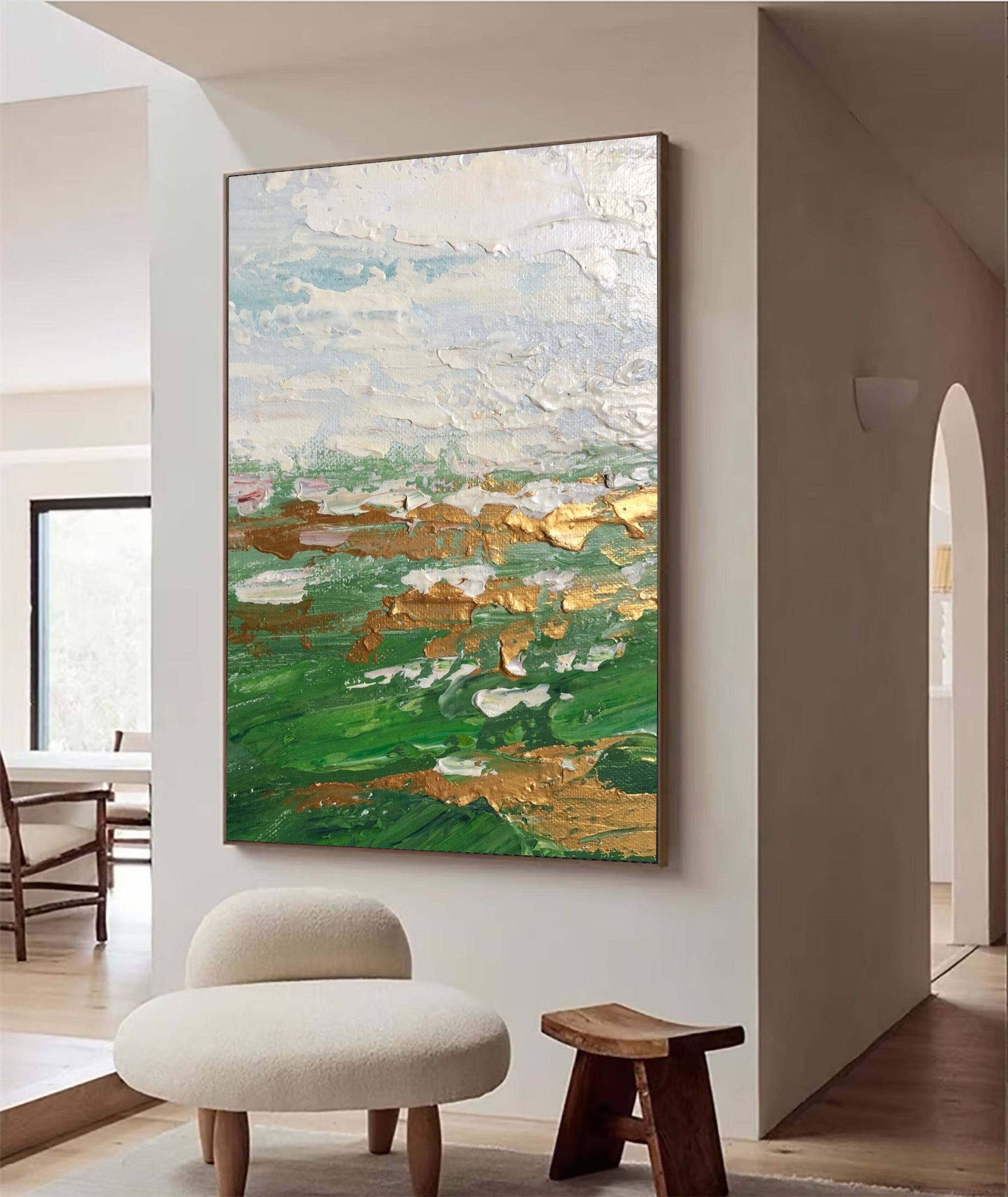 Green Gold and White Abstract Painting | Large Textured Landscape Art #JJ 069
