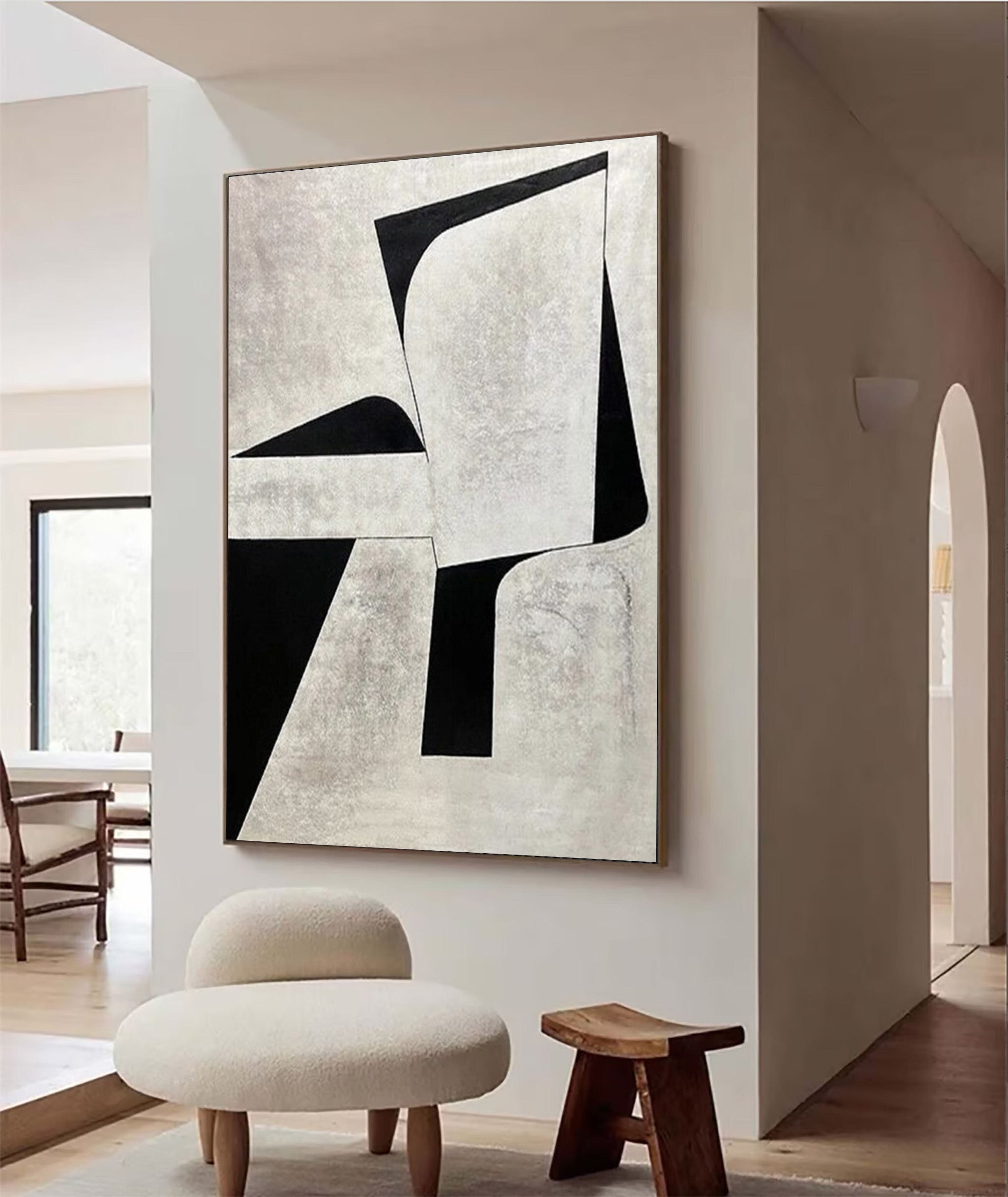 Minimalist Geometric Abstract Art - Black and White Block Oil Painting #JJ 060