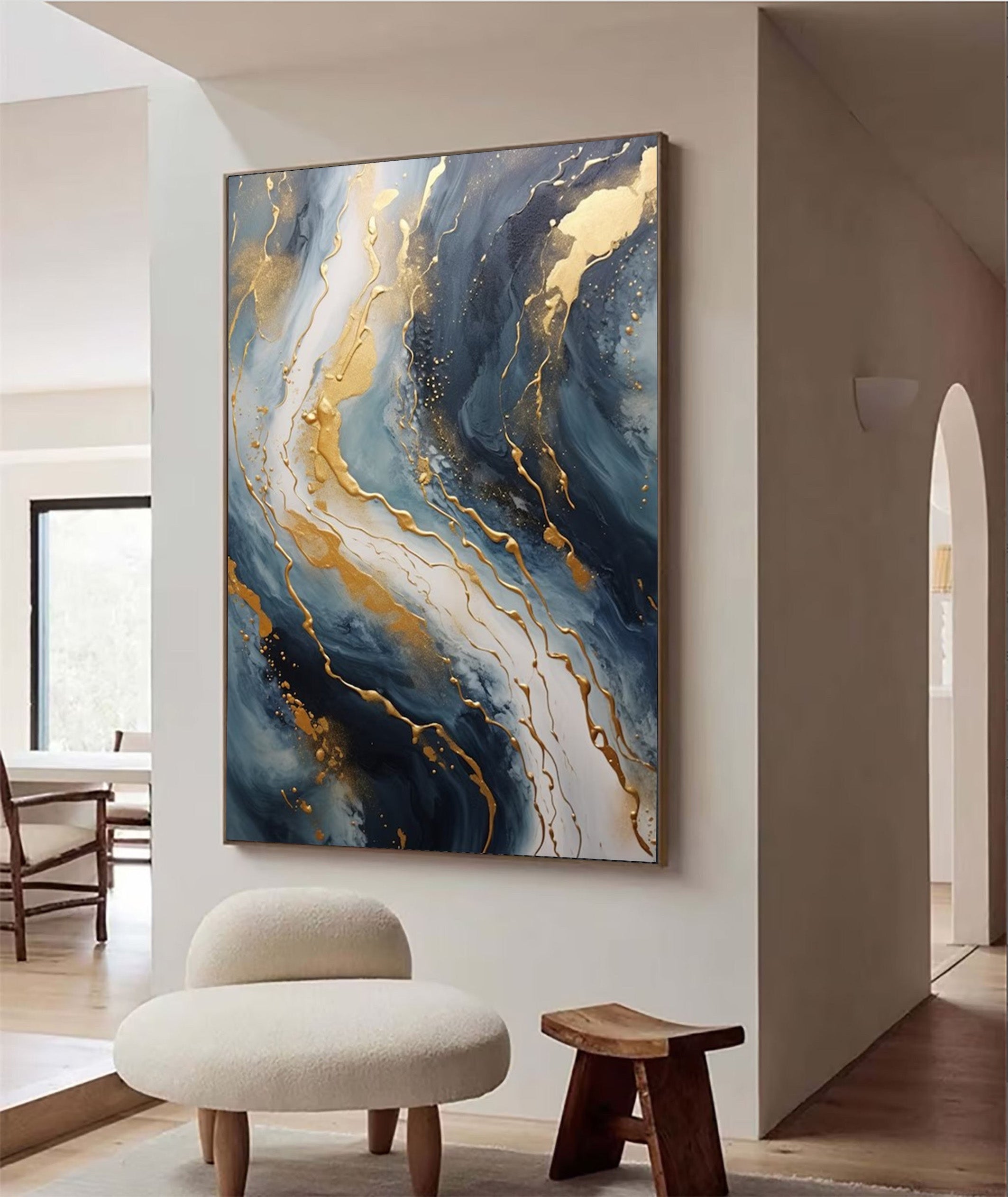 Abstract Gold and Blue Wall Art - Modern Canvas Painting #JJ 058
