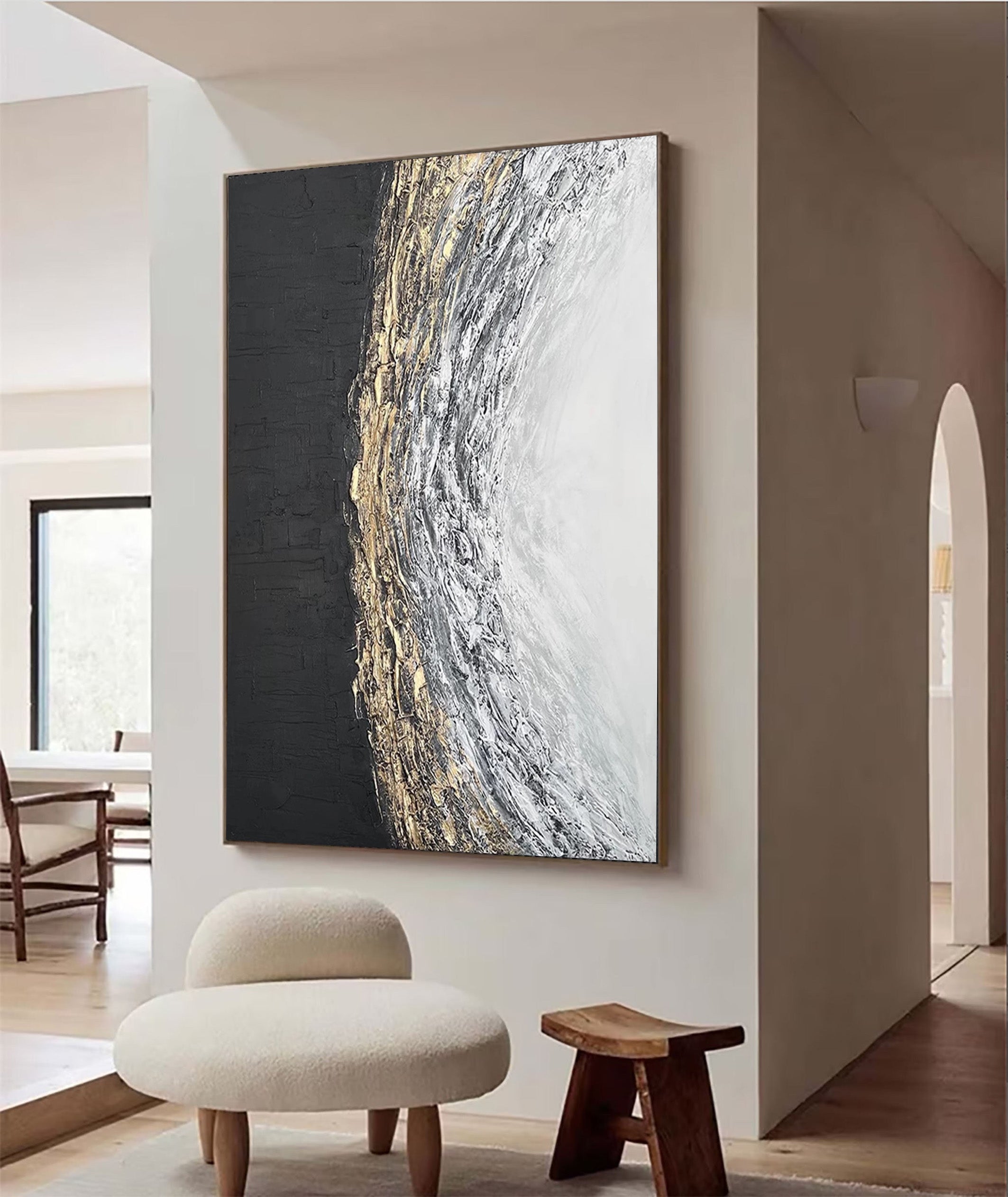 Black White Gold Textured Abstract Oil Painting - Modern Art #JJ 063