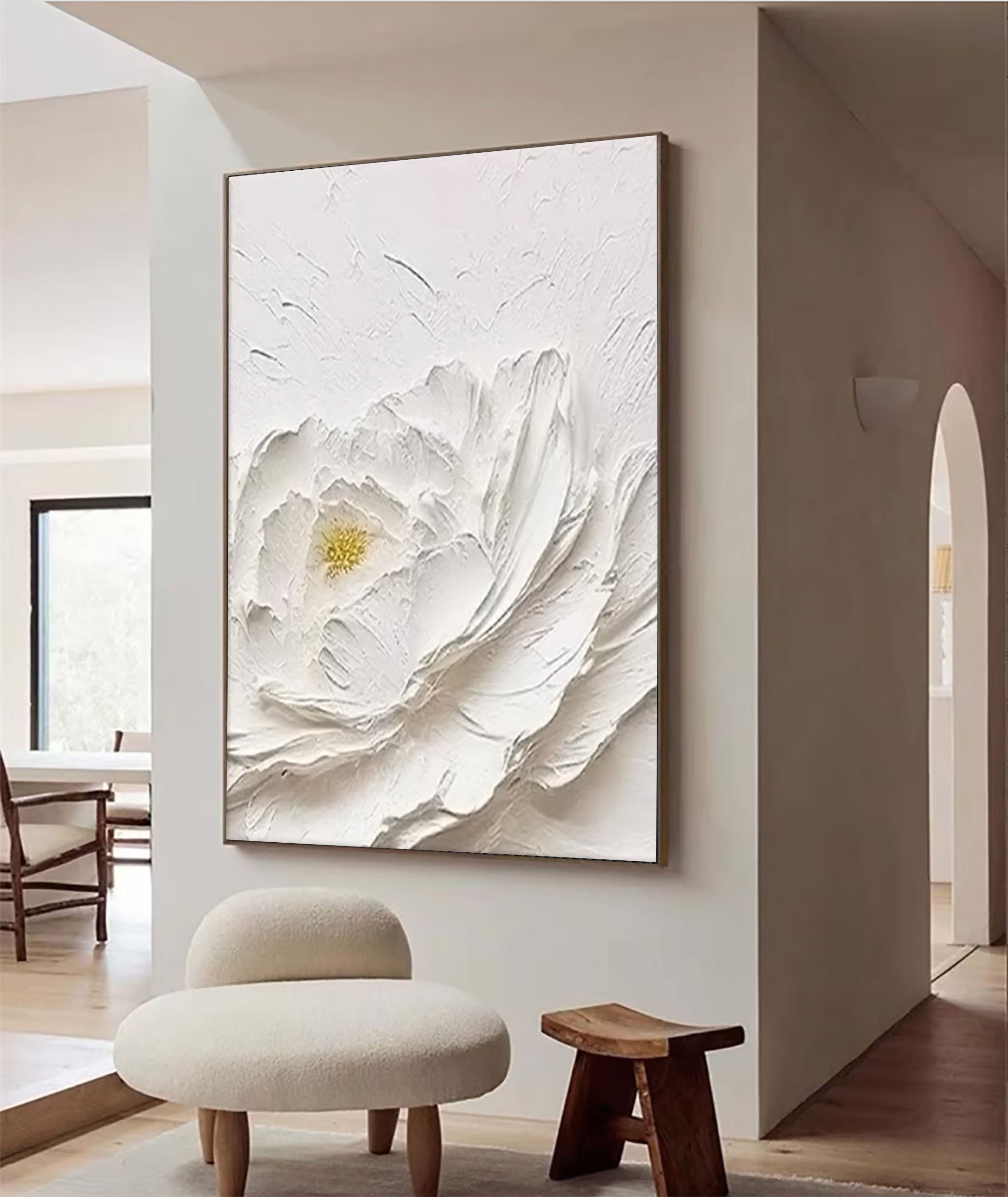 White Textured Floral Abstract Oil Painting - Modern Minimalist Art #JJ 061