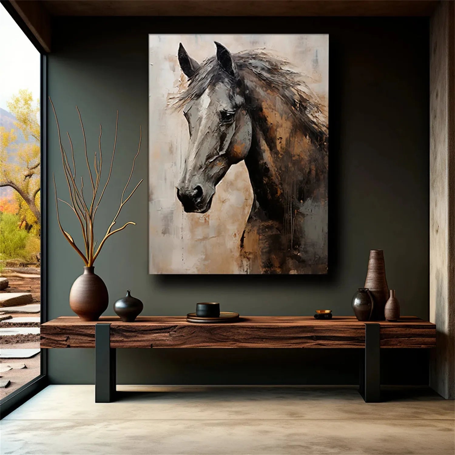 Textured Black Horse Art: Modern Equestrian Oil Painting on Canvas #ZZ 021